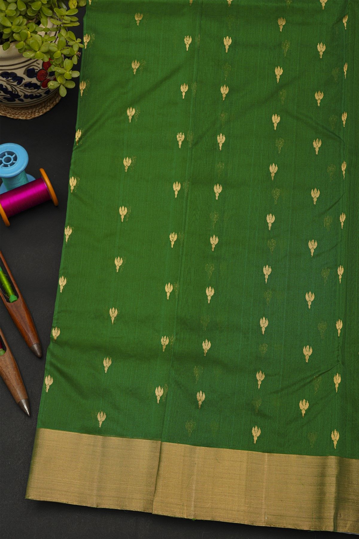 Chanderi Sico Bottle Green Saree With Kaddi Border