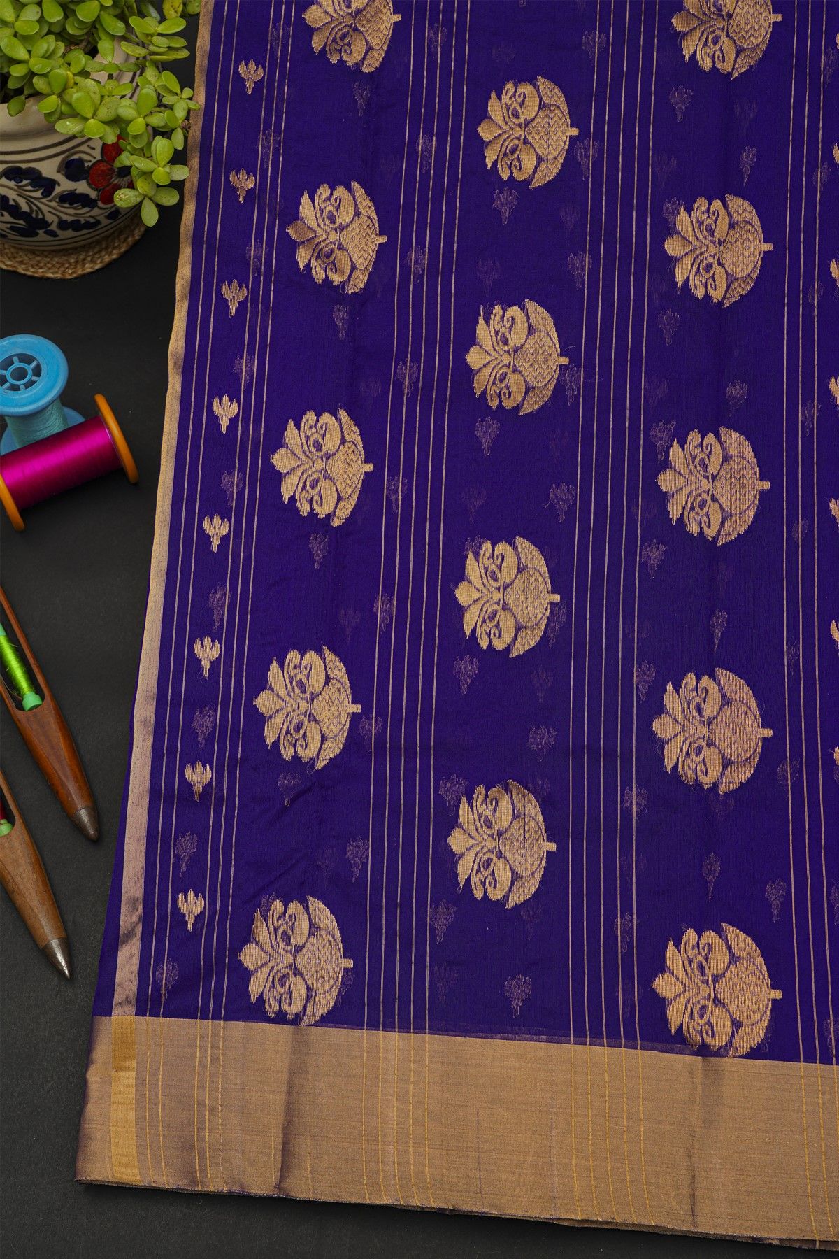 Chanderi Sico Dark Violet Saree With Kaddi Border