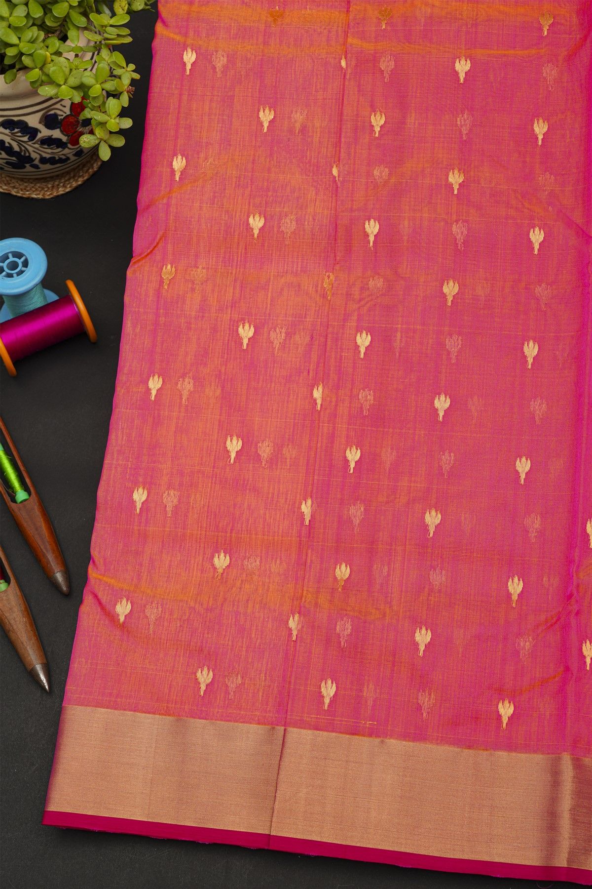 Chanderi Sico Dual Colour Saree With Kaddi Border