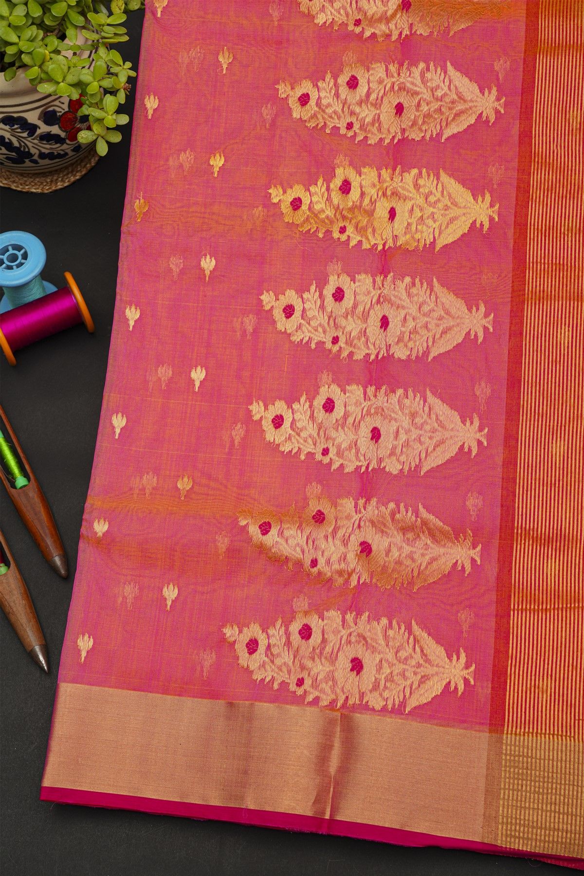 Chanderi Sico Dual Colour Saree With Kaddi Border