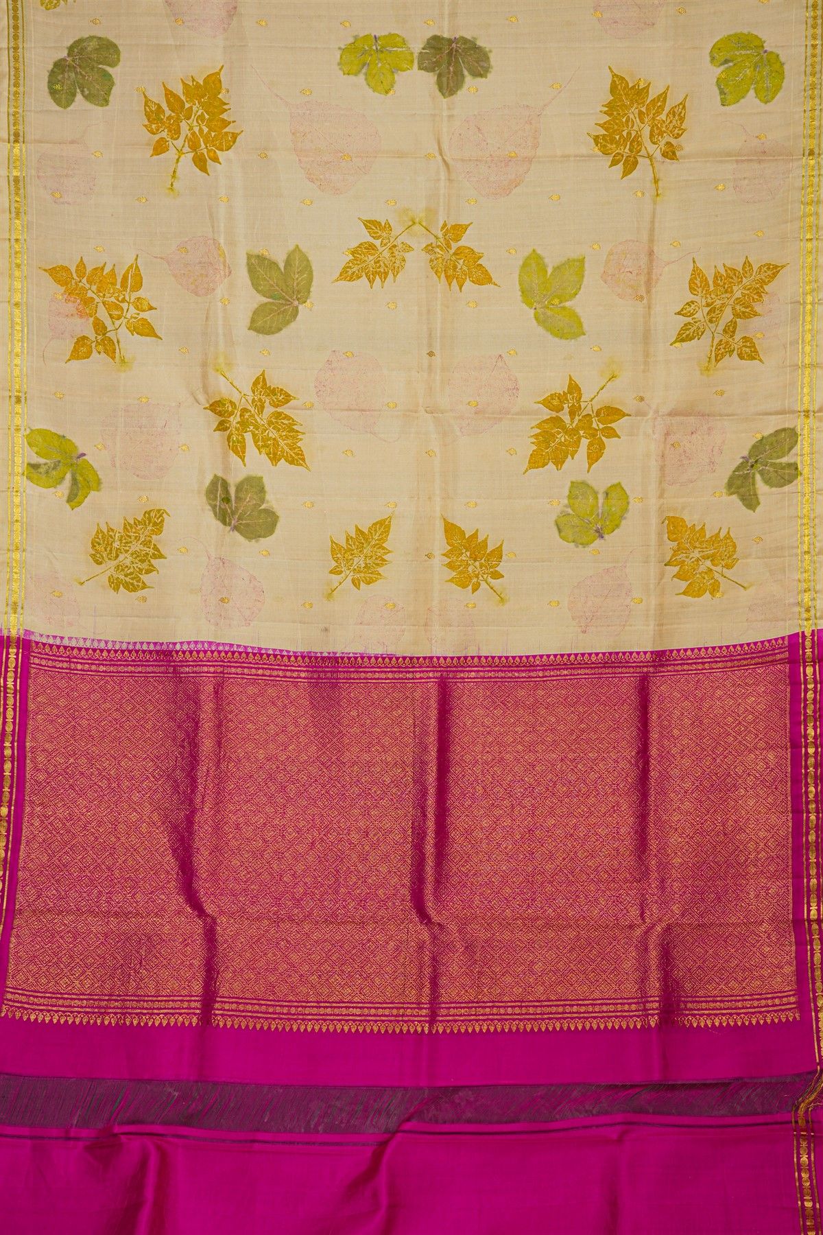 Eco Printed Silk Cream Saree With Florals In Zari