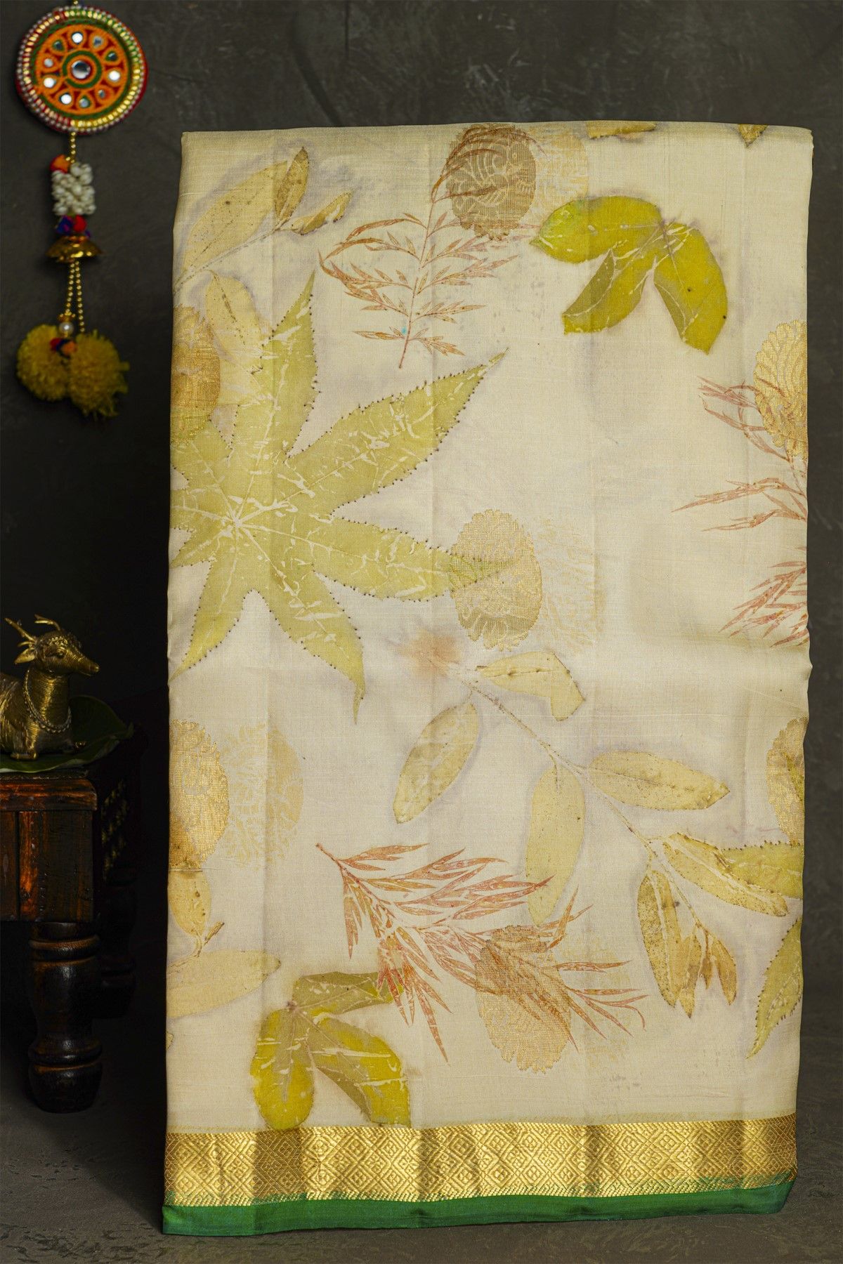 Eco Printed Silk Off White Saree With Diamonds Border