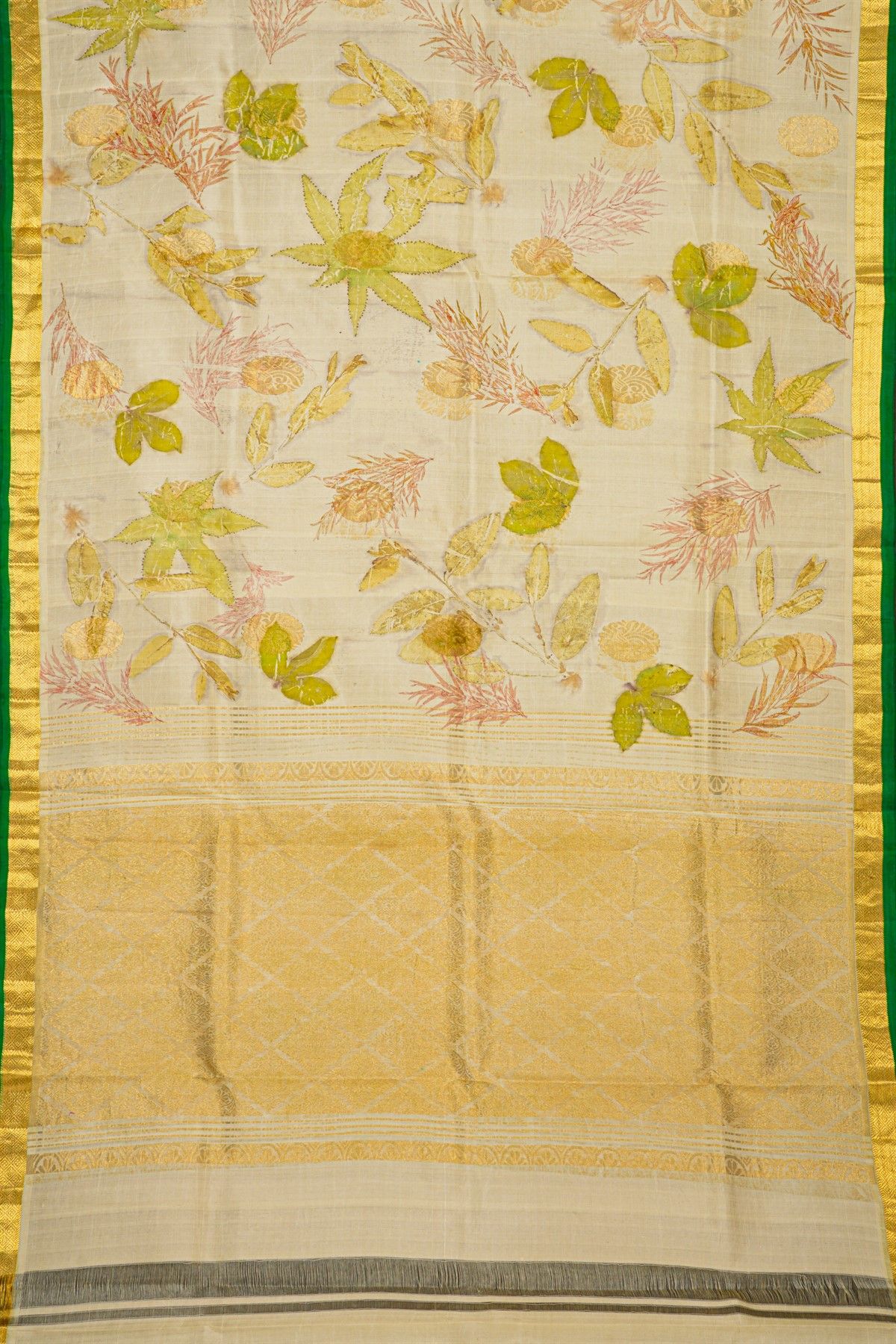 Eco Printed Silk Off White Saree With Diamonds Border