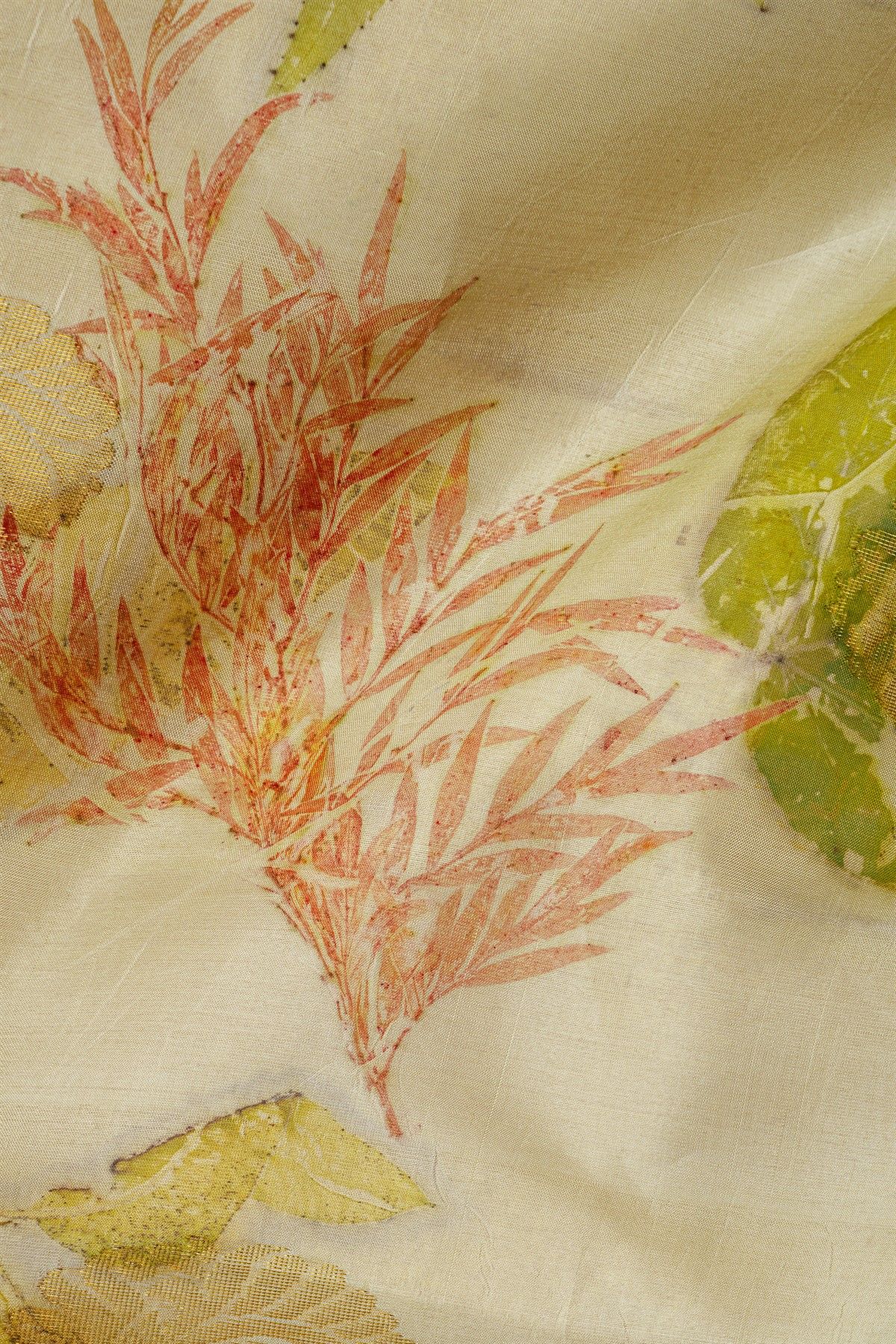 Eco Printed Silk Off White Saree With Diamonds Border