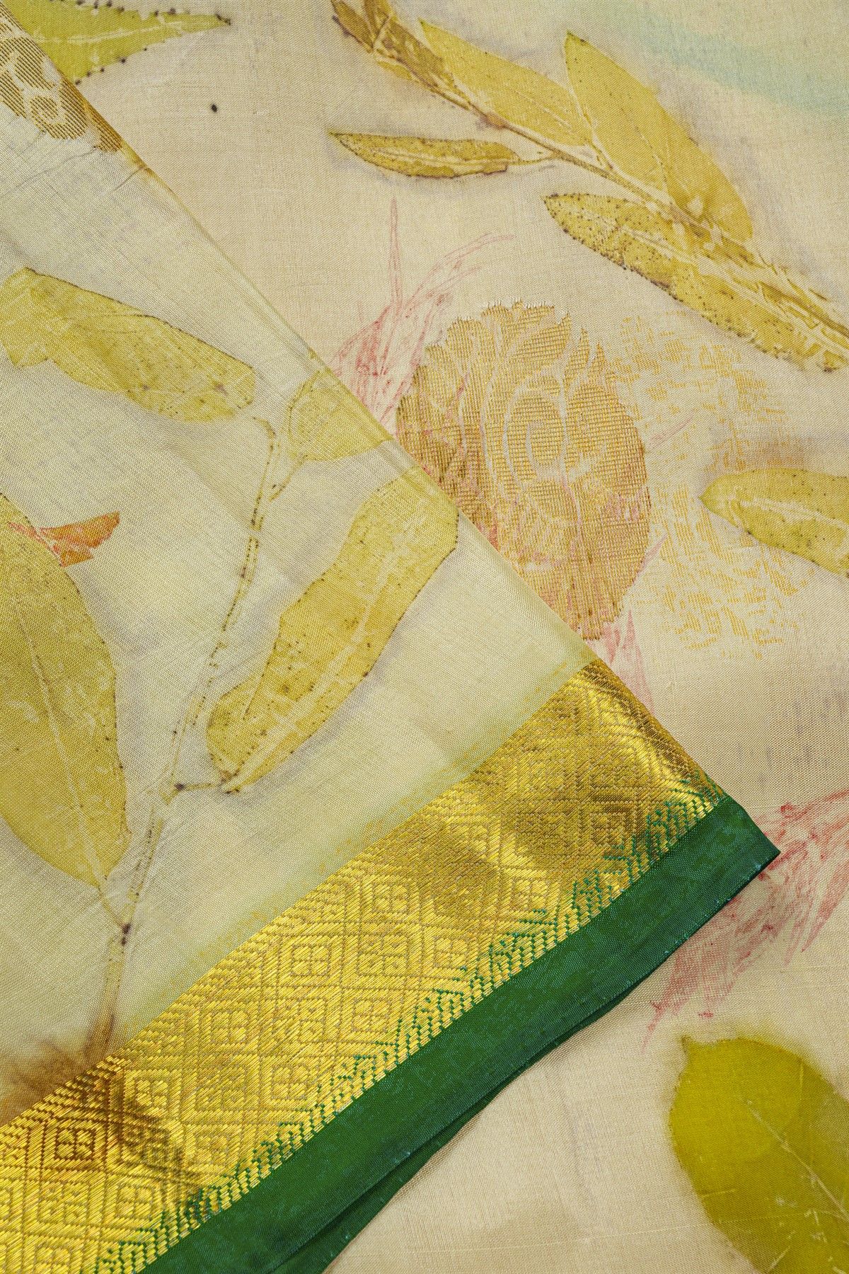 Eco Printed Silk Off White Saree With Diamonds Border