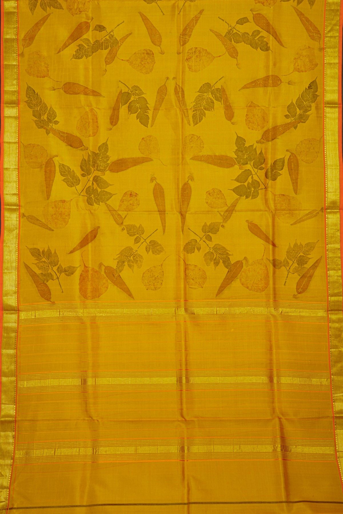 Eco Printed Silk Mustard Saree With Zari Border