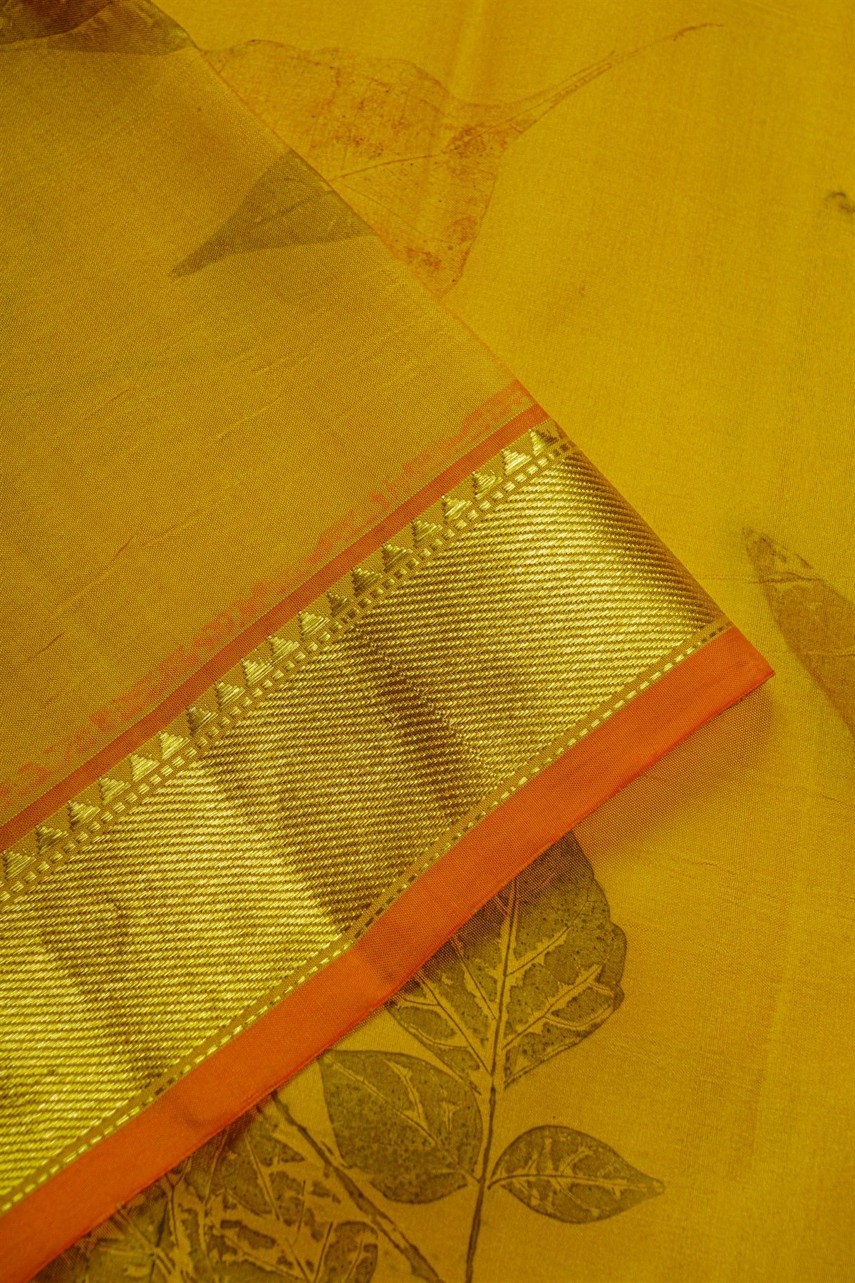 Eco Printed Silk Mustard Saree With Zari Border