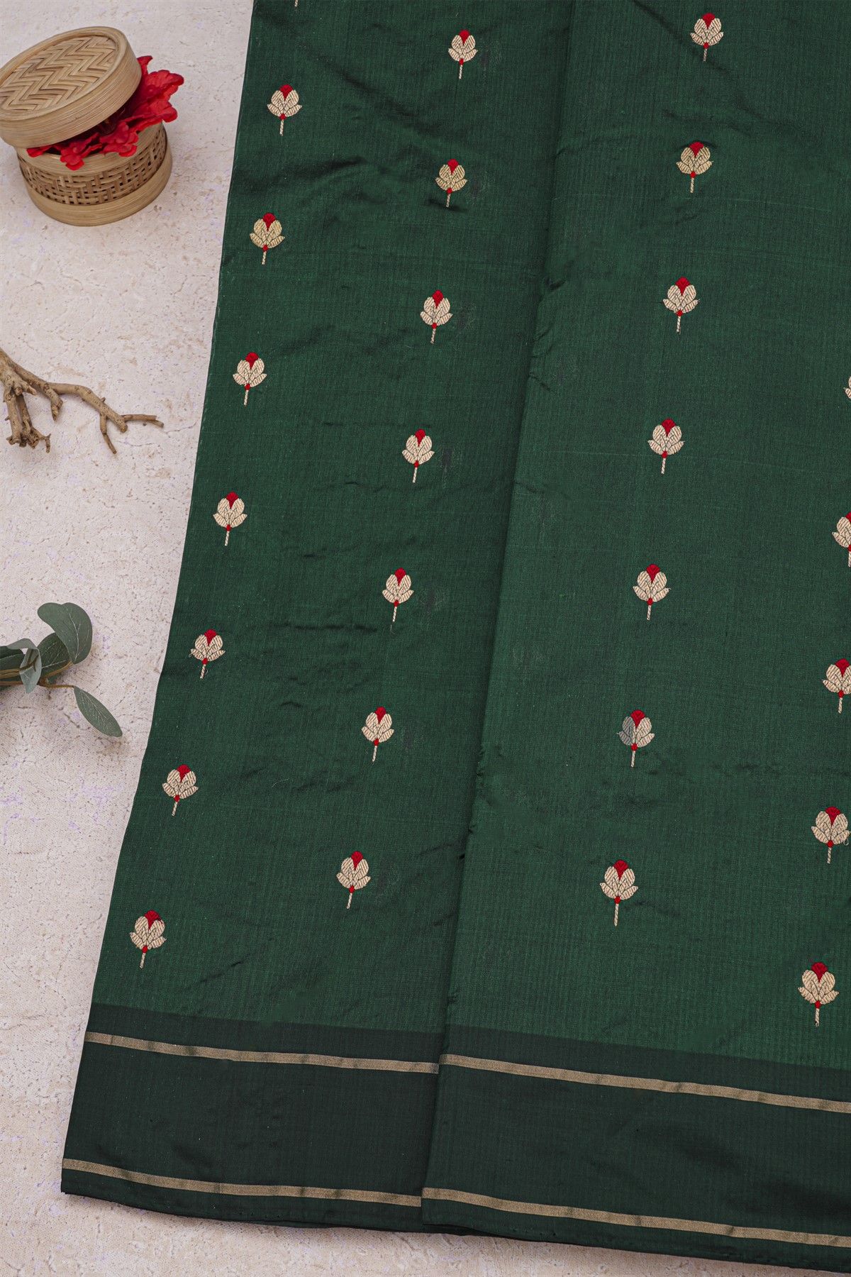 Chanderi Silk Bottle Green Saree With Zari Border