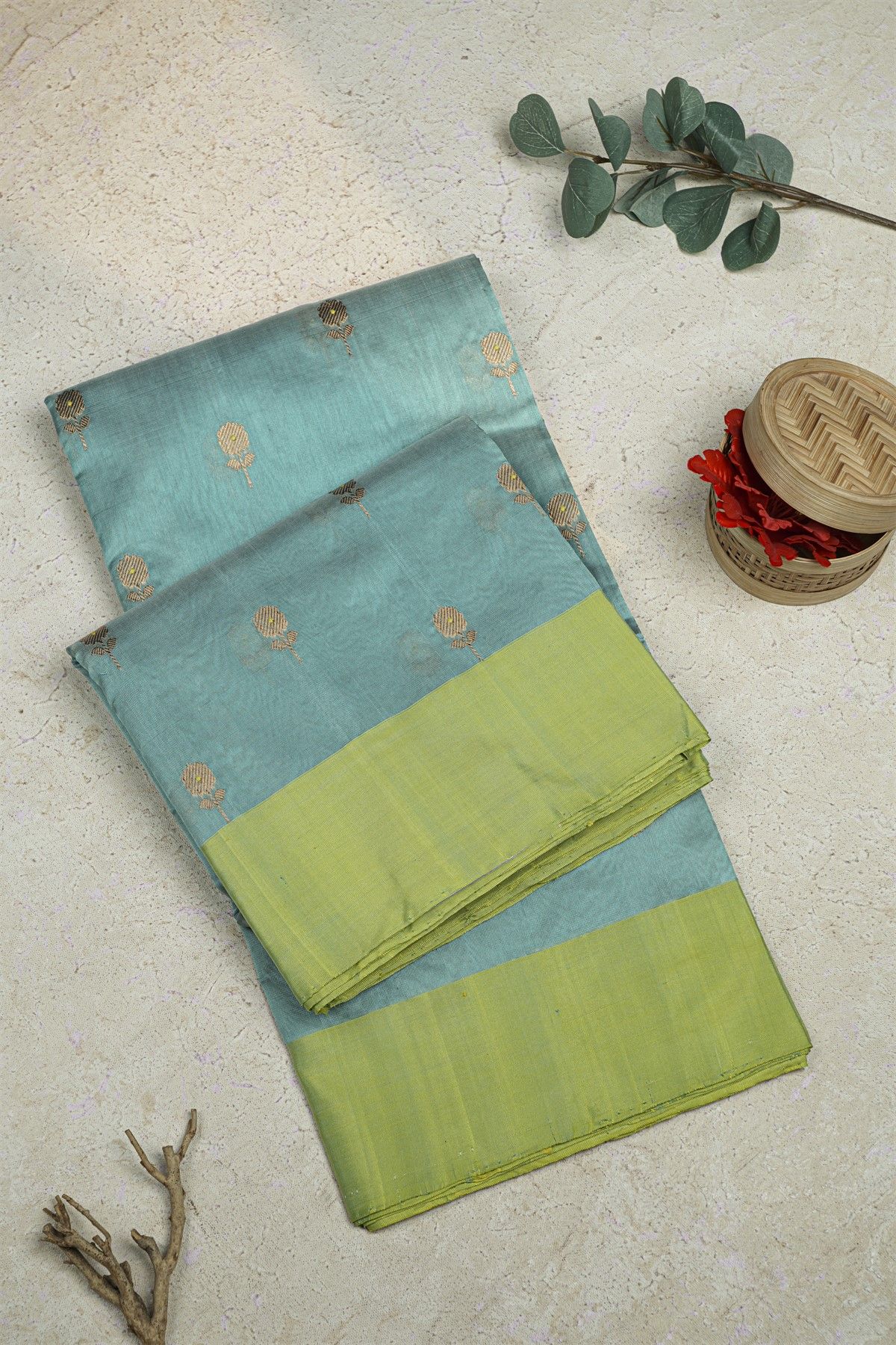Chanderi Silk Blue Saree With Floral Buttis Body