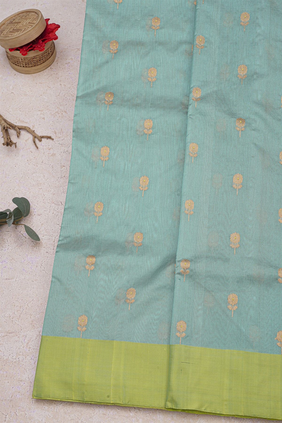 Chanderi Silk Blue Saree With Floral Buttis Body