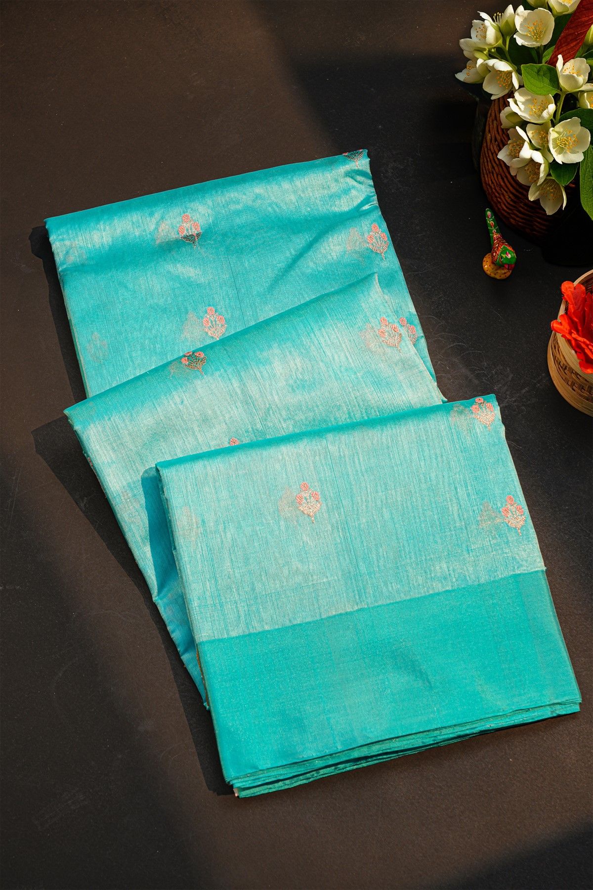 Chanderi Silk Sky Blue Saree With Florals And Buttis Body