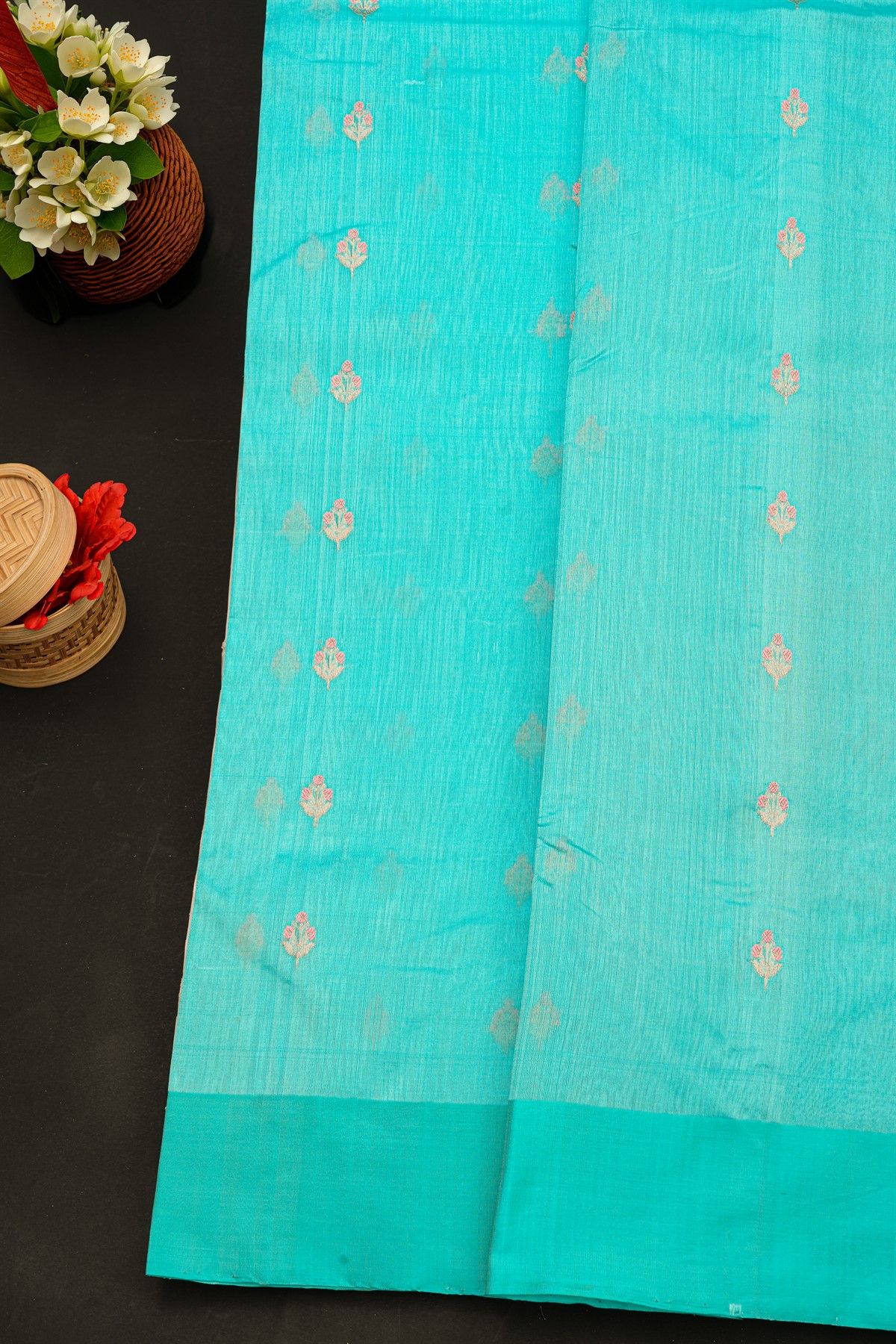 Chanderi Silk Sky Blue Saree With Florals And Buttis Body