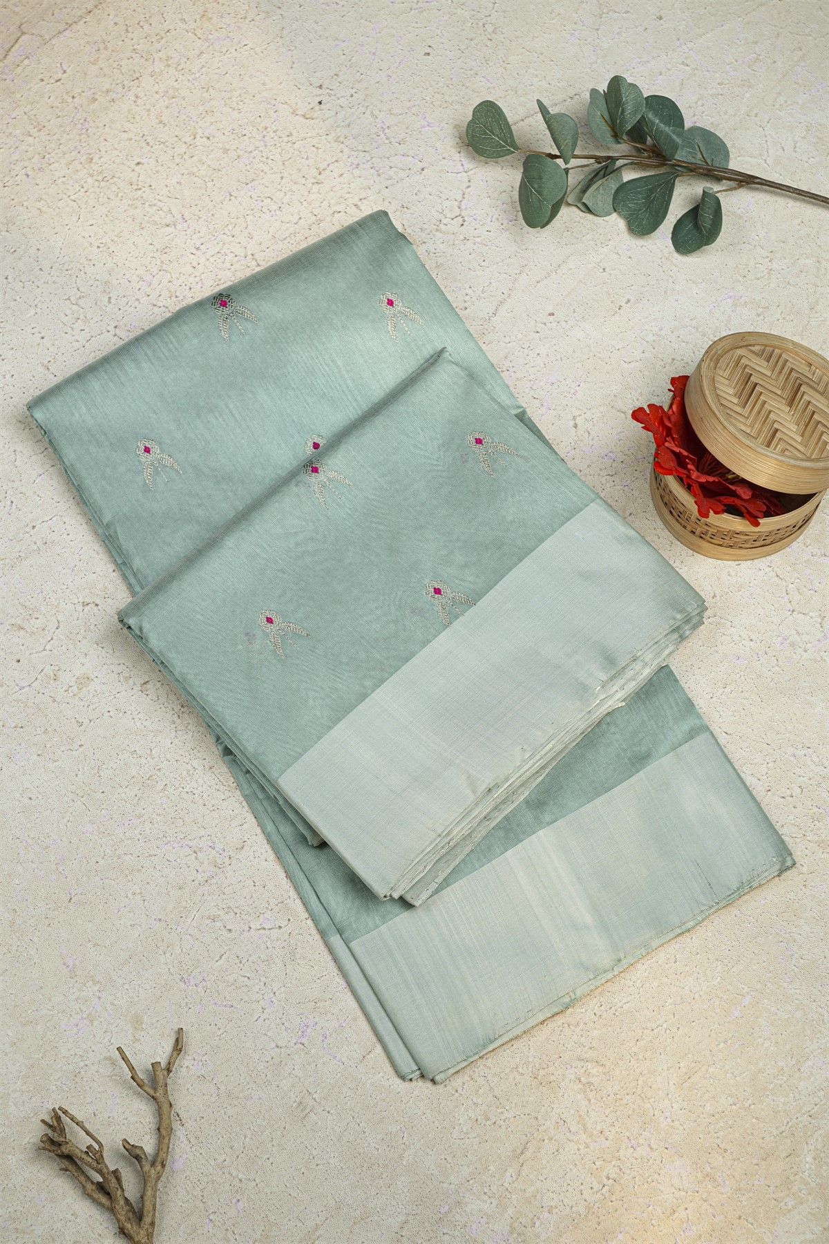 Chanderi Silk Sea Green Saree With Meenakari Buttis Body