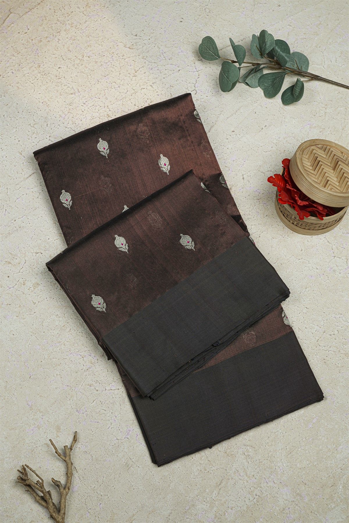 Chanderi Silk Dark Brown Saree With Zari Buttis Body