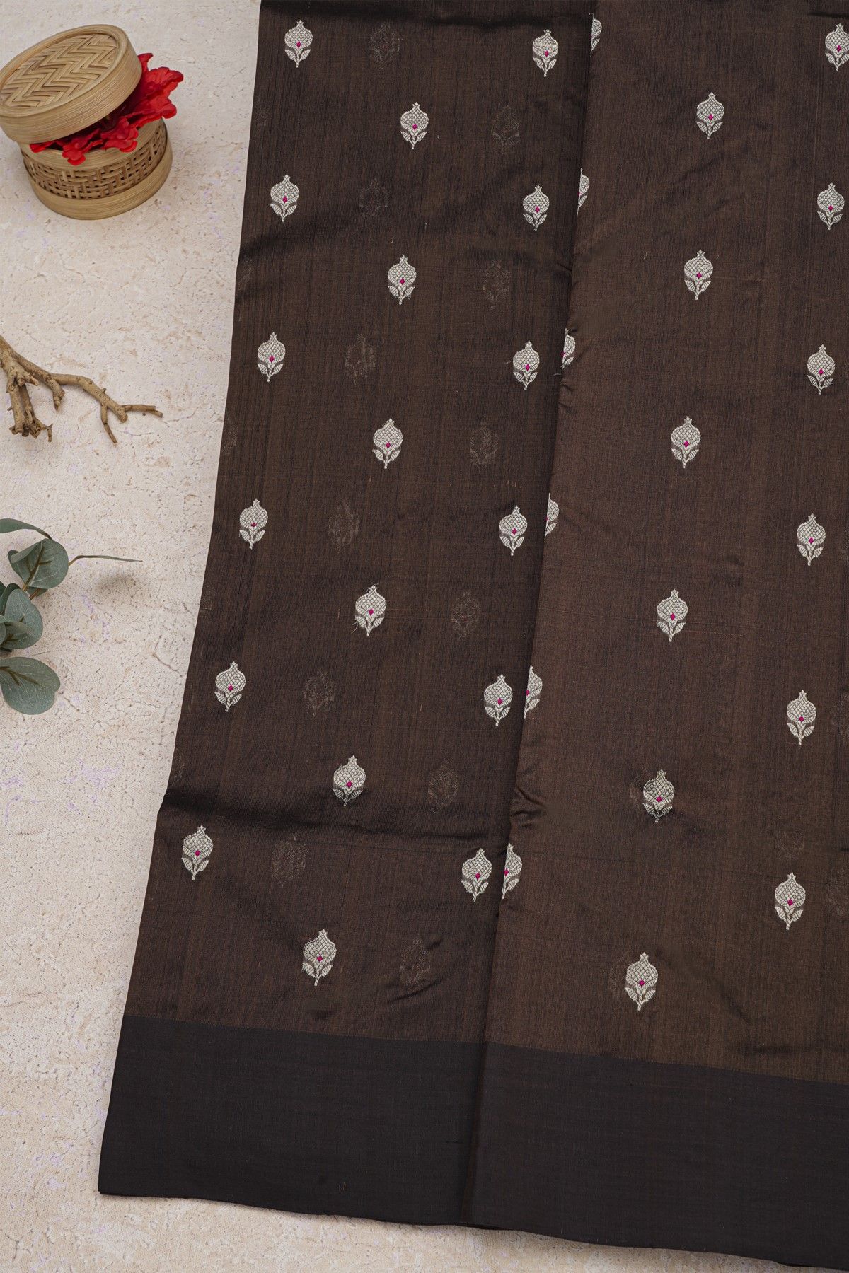 Chanderi Silk Dark Brown Saree With Zari Buttis Body