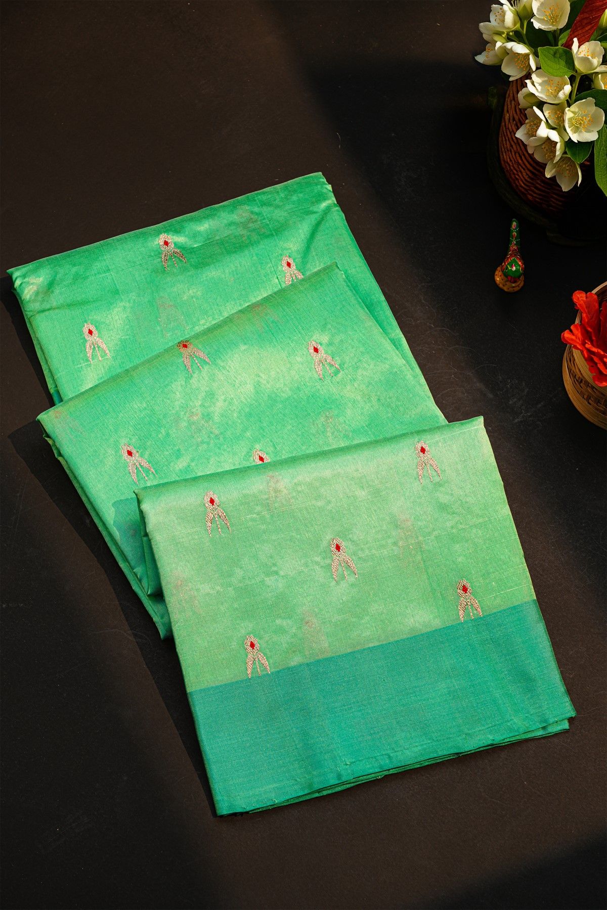 Chanderi Silk Mint Green Saree With Florals And Buttis Body