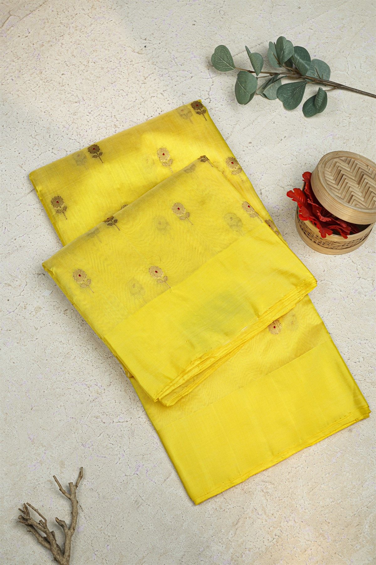 Chanderi Silk Yellow Saree With Meenakari Buttis Body