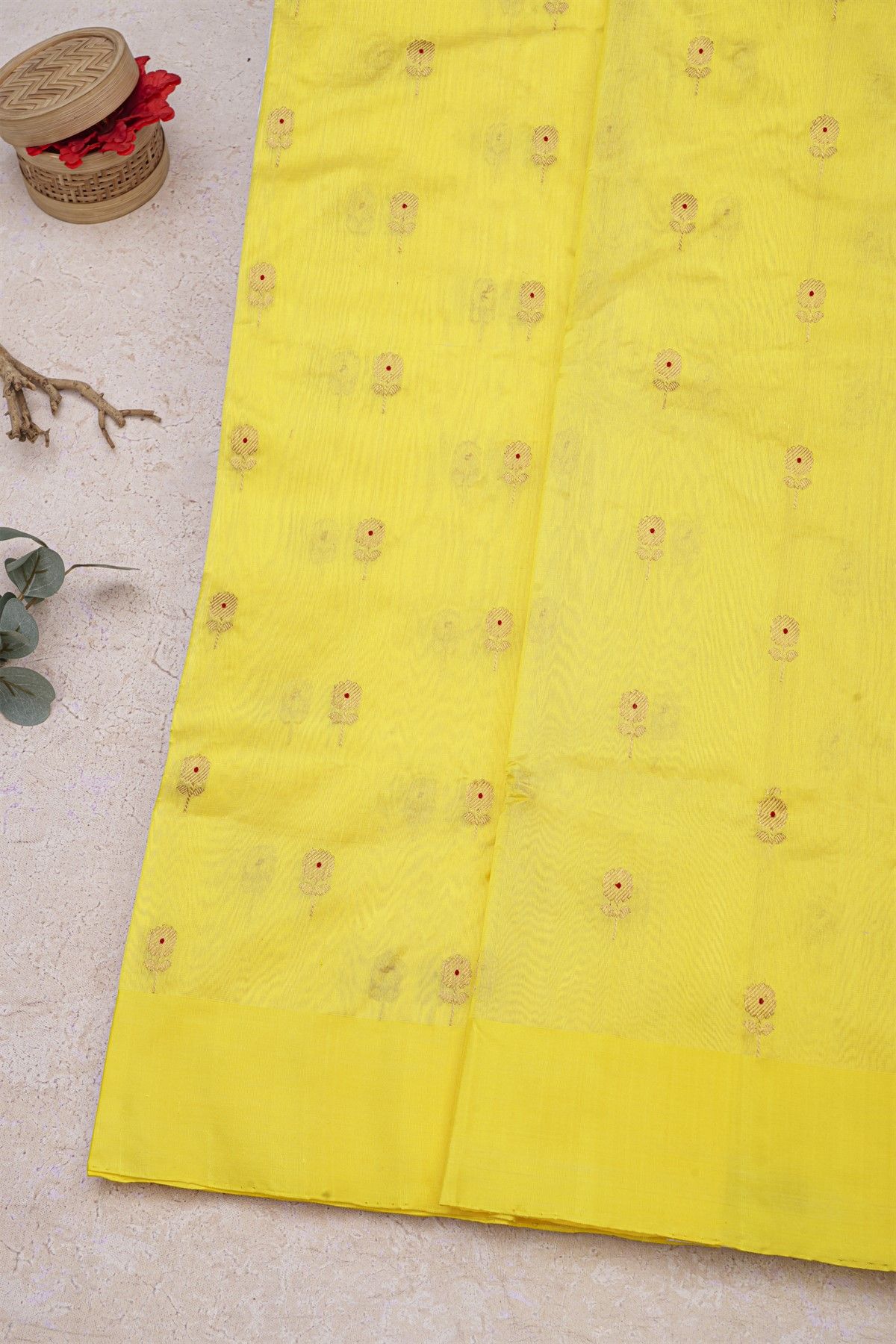 Chanderi Silk Yellow Saree With Meenakari Buttis Body