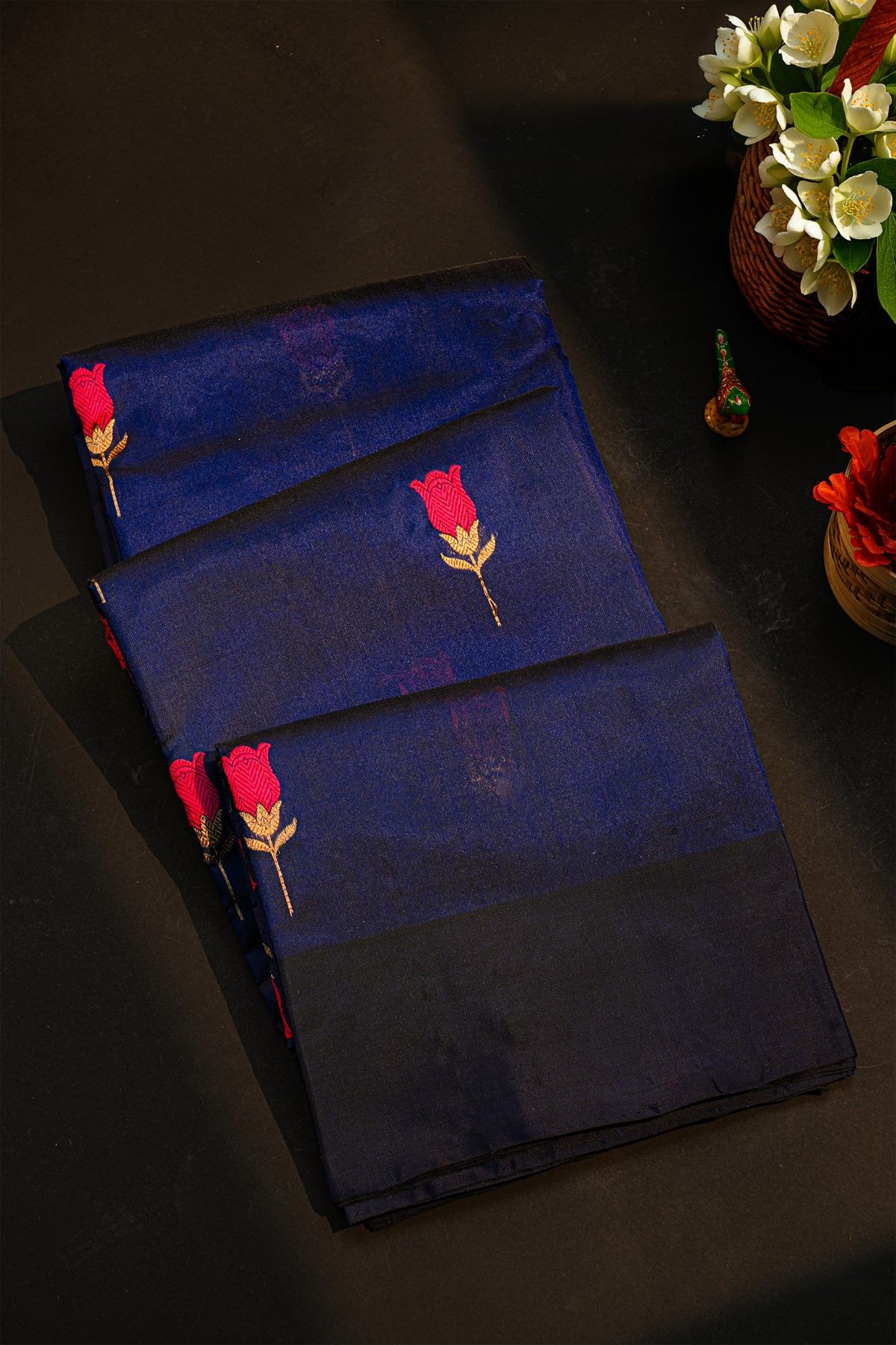 Chanderi Silk Navy Blue Saree With Florals And Buttis Body