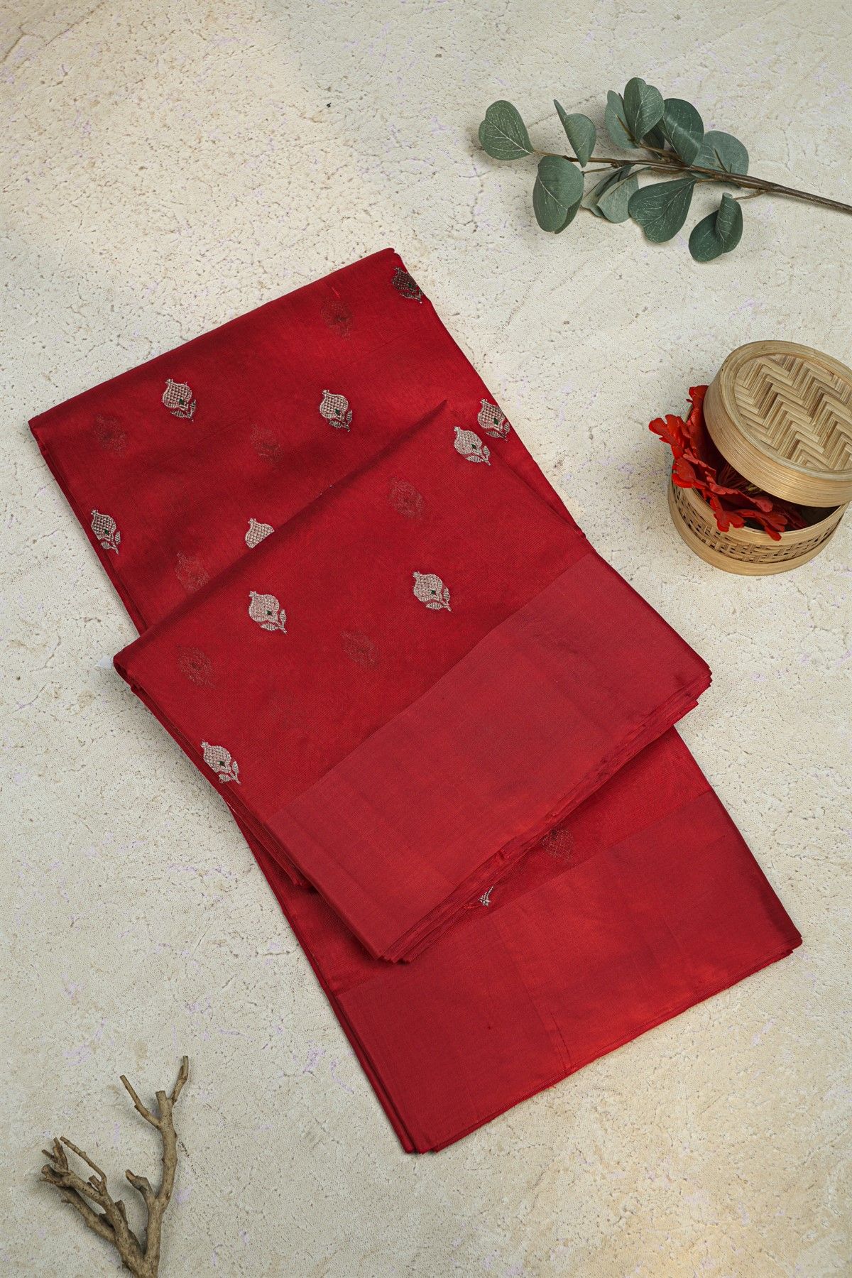 Chanderi Silk Red Saree With Meenakari Buttis Body