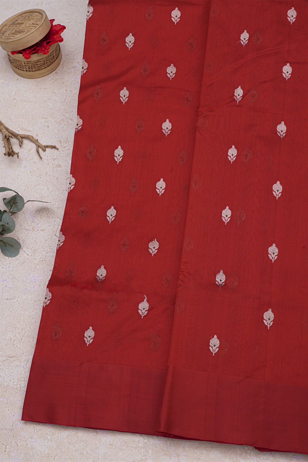 Chanderi Silk Red Saree With Meenakari Buttis Body