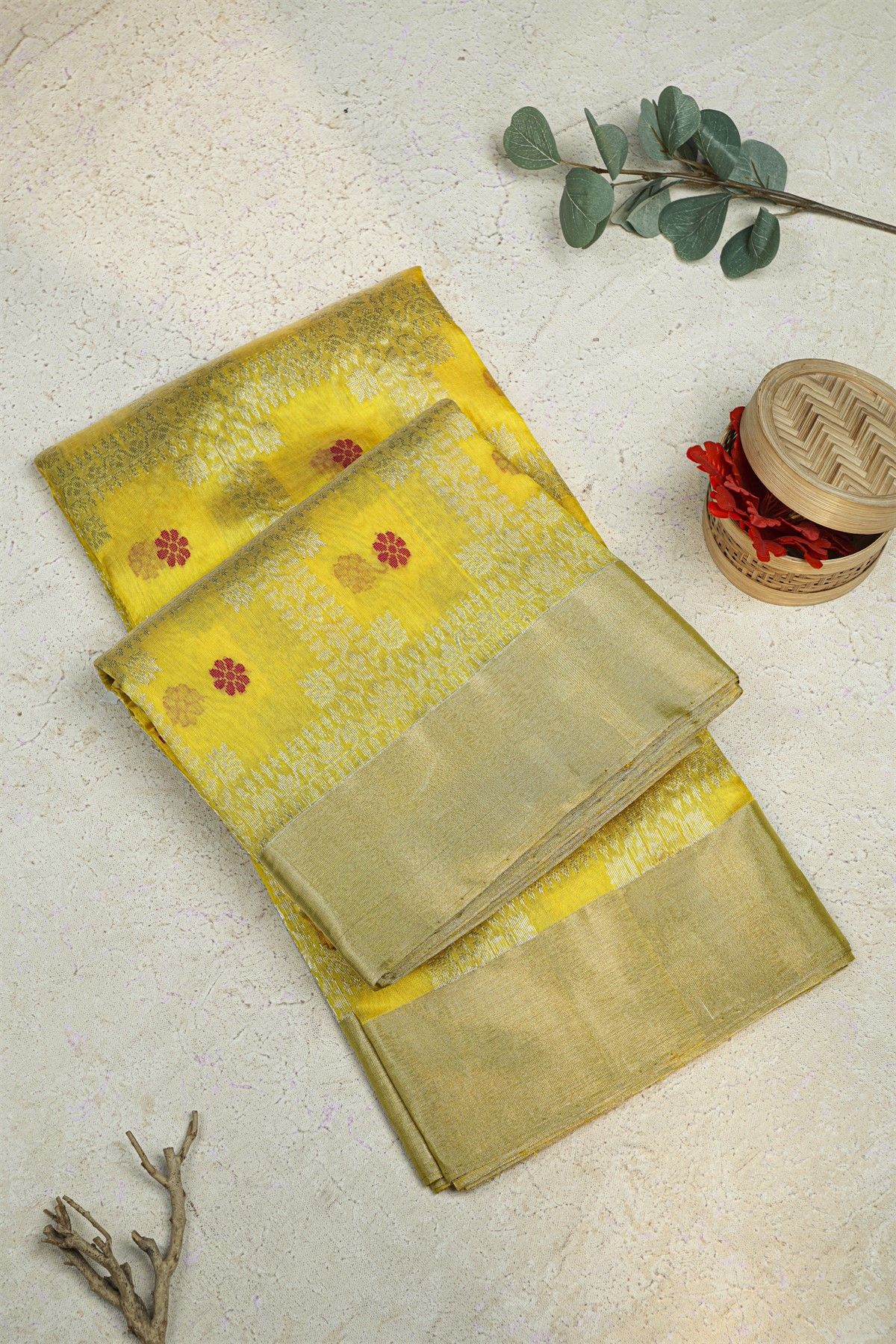 Chanderi Silk Yellow Saree With Meenakari Zari Checks Body