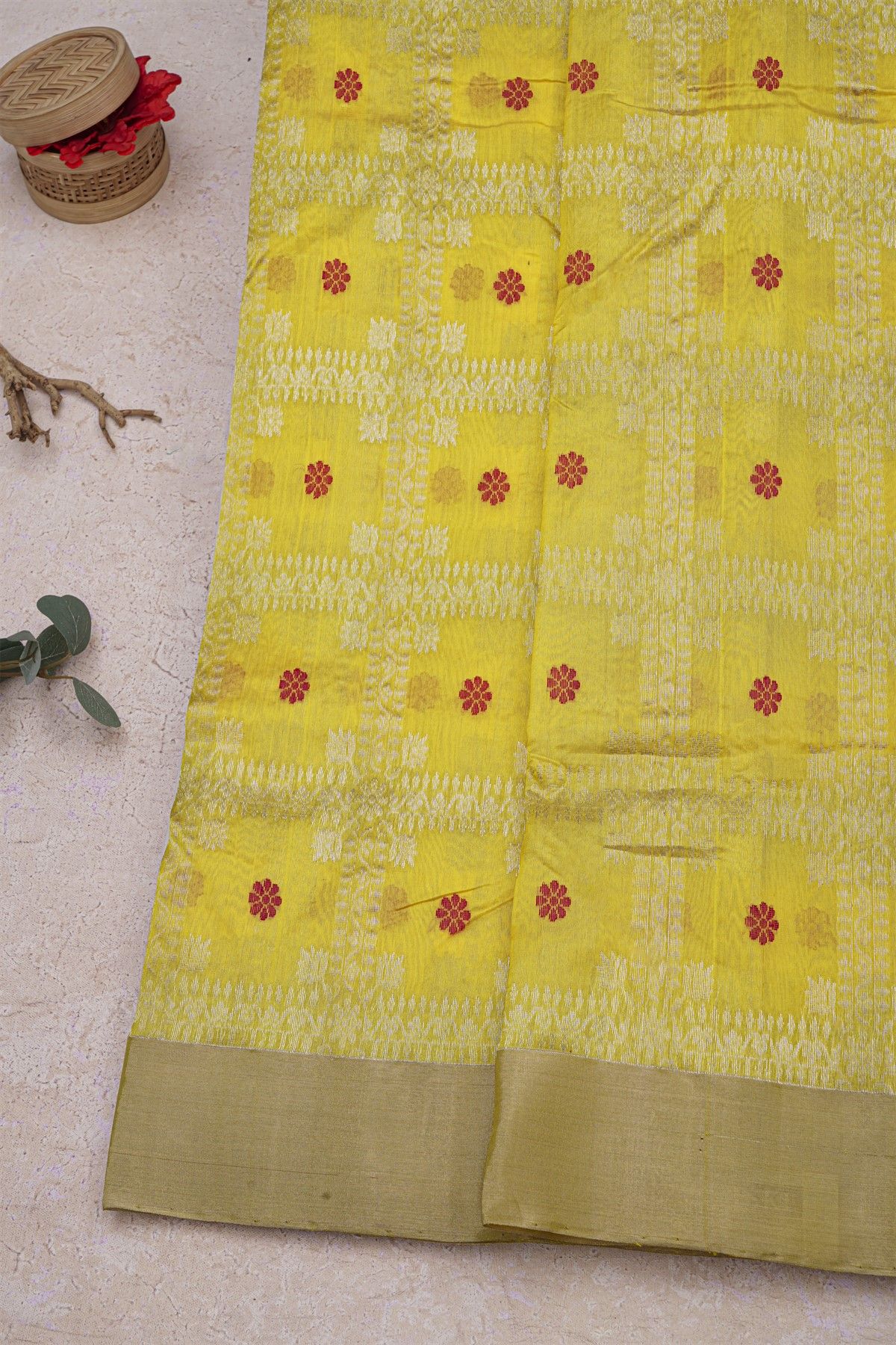 Chanderi Silk Yellow Saree With Meenakari Zari Checks Body