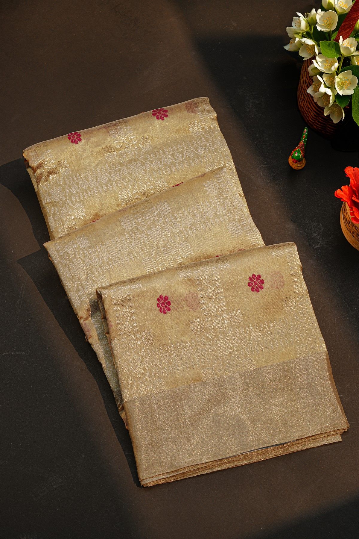 Chanderi Silk Off White Saree With Florals And Buttis Body