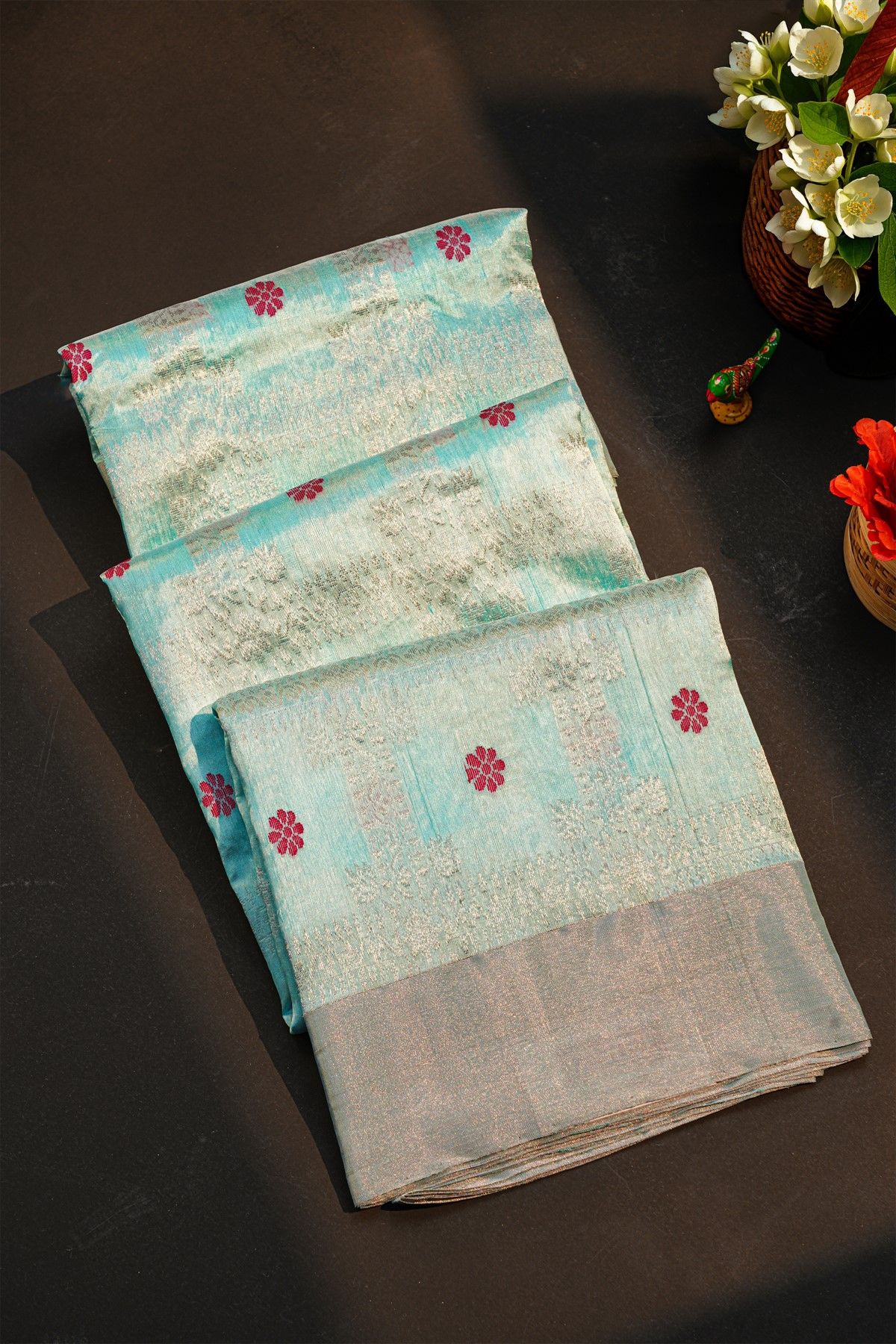 Chanderi Silk Sky Blue Saree With Floral And Butti Body