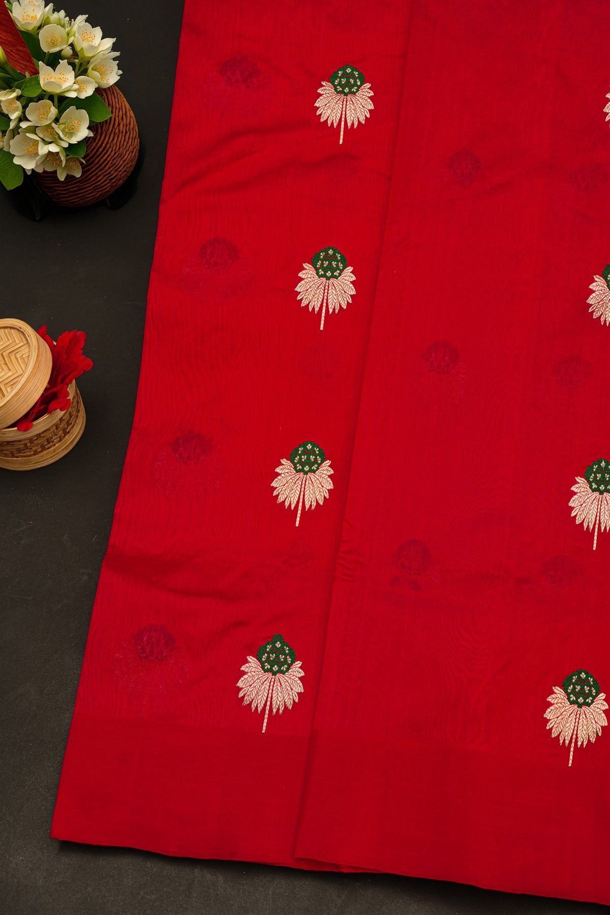Chanderi Silk Red Saree With Floral And Buttis Body
