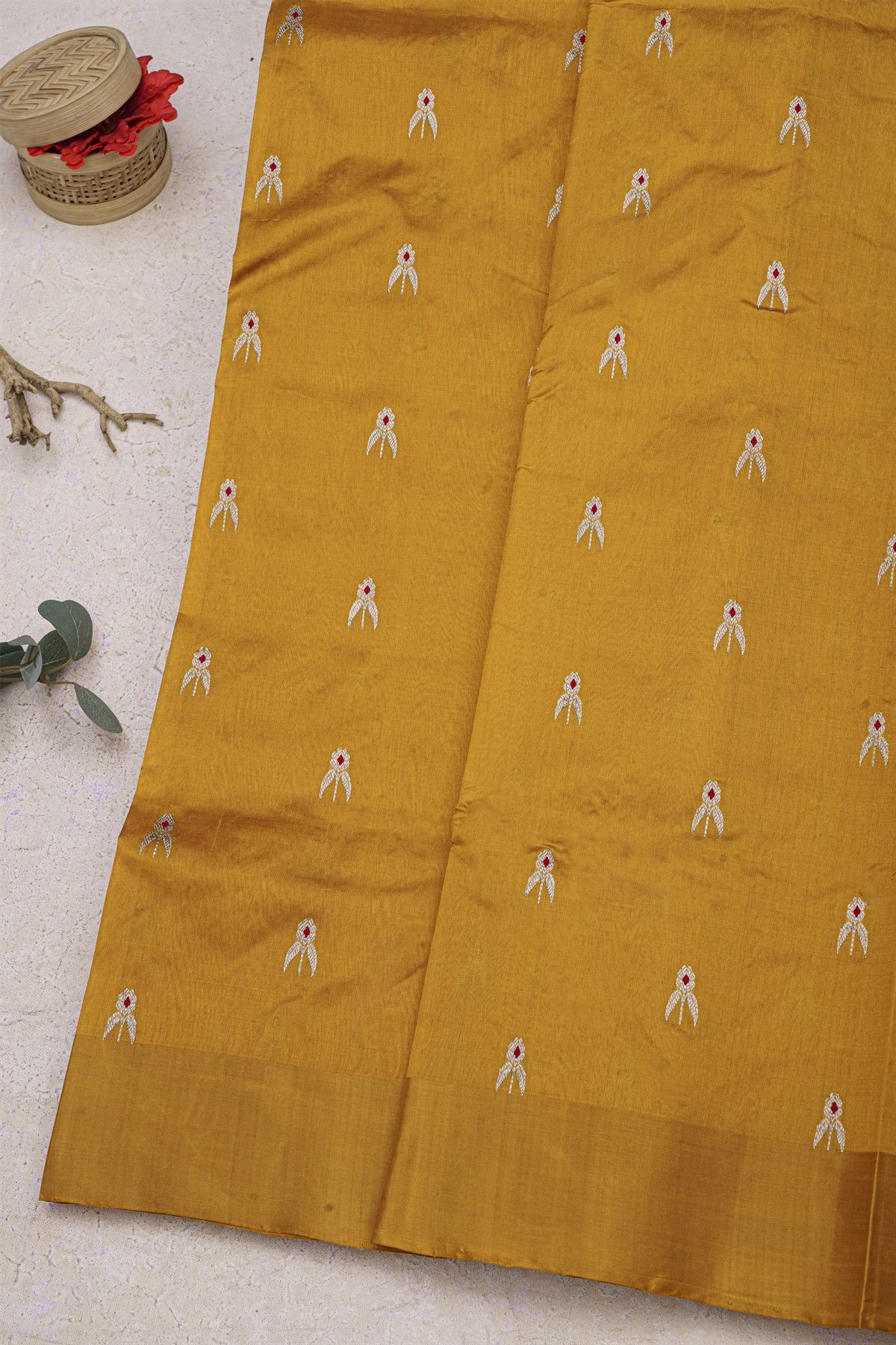 Chanderi Silk Golden Yellow Saree With Meenakari Buttis Body