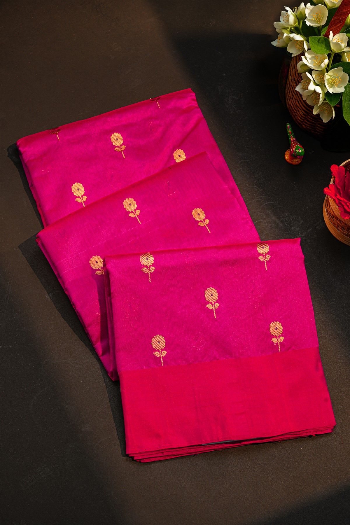 Chanderi Silk Rani Pink Saree With Floral And Buttis In Body