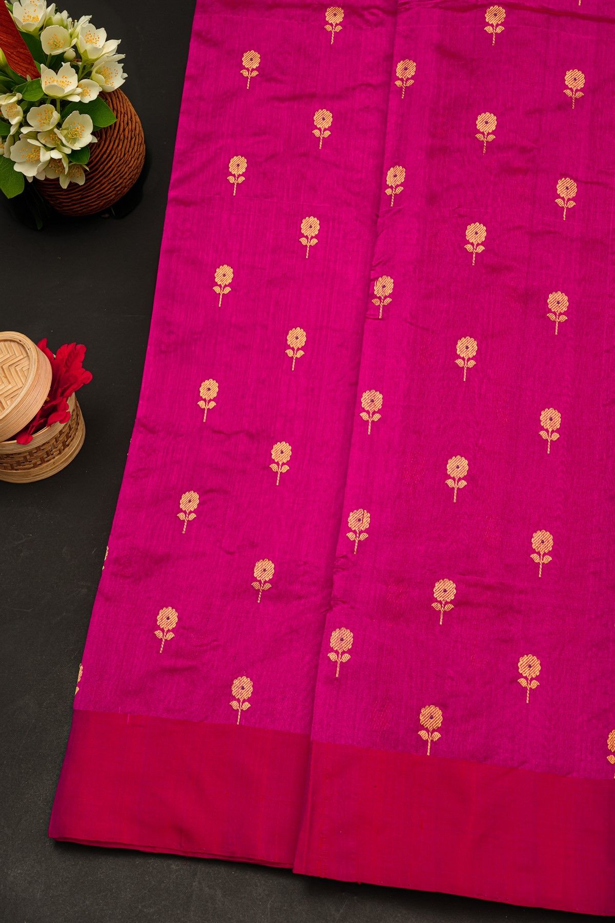 Chanderi Silk Rani Pink Saree With Floral And Buttis In Body