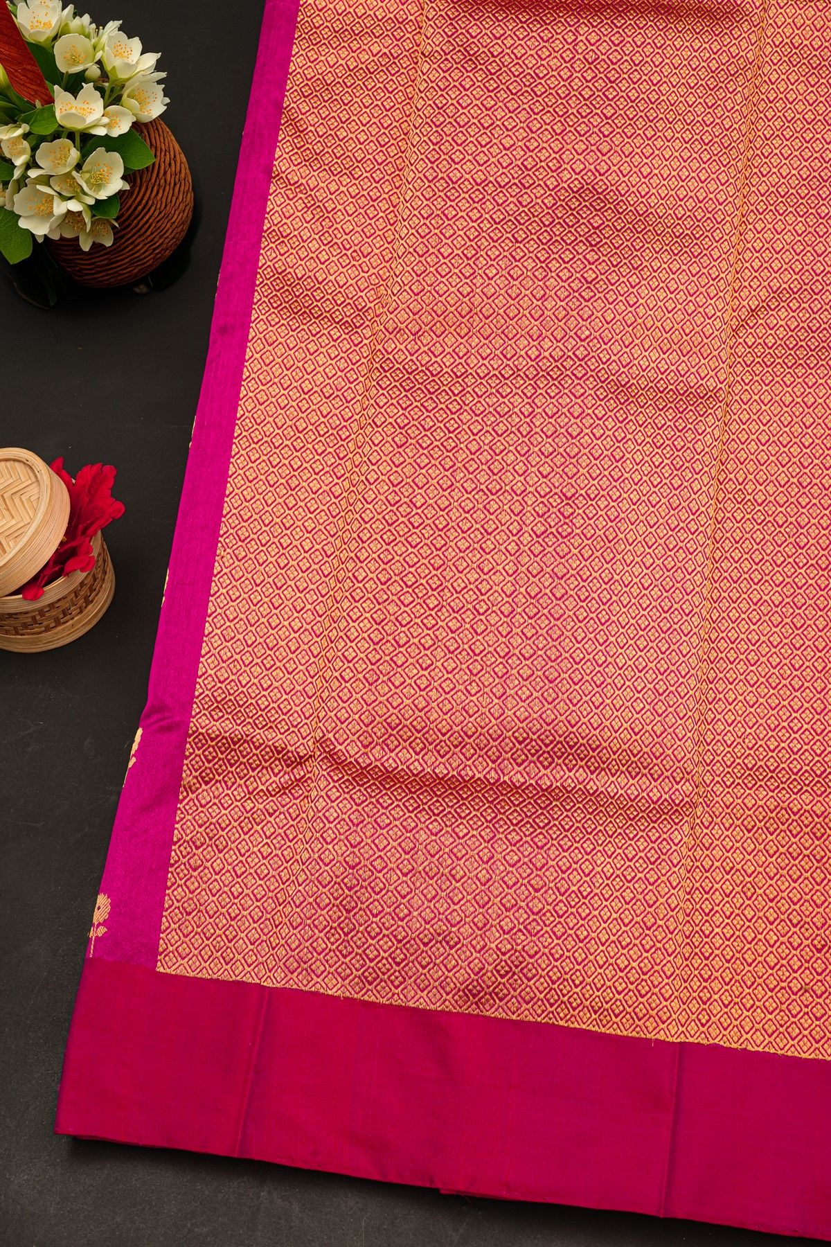 Chanderi Silk Rani Pink Saree With Floral And Buttis In Body