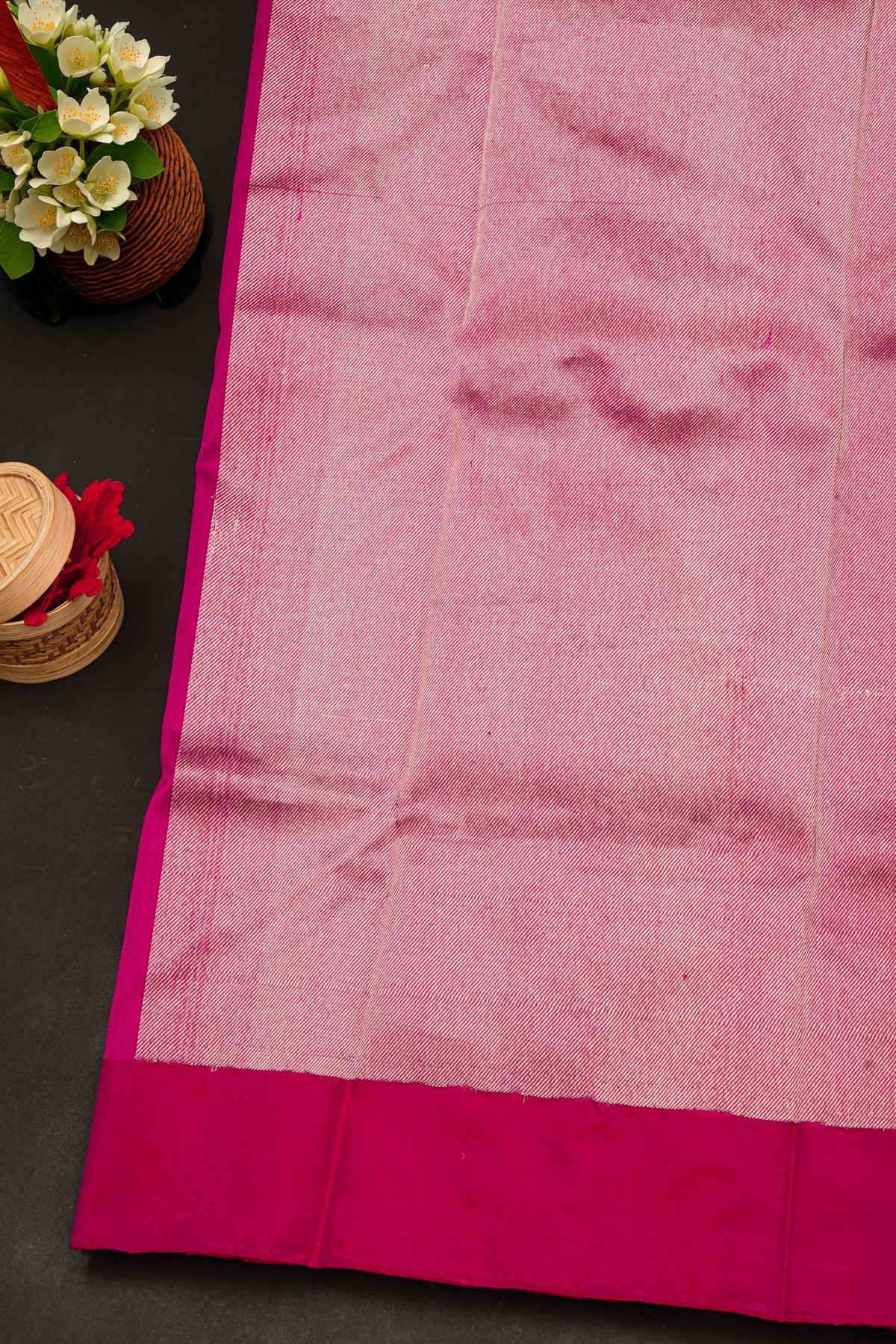 Chanderi Silk Rani Pink Saree With Floral And Buttis In Body