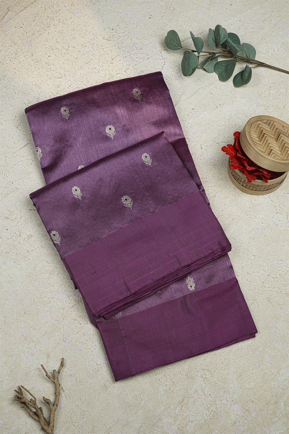 Chanderi Silk Purple Saree With Meenakari Buttis Body