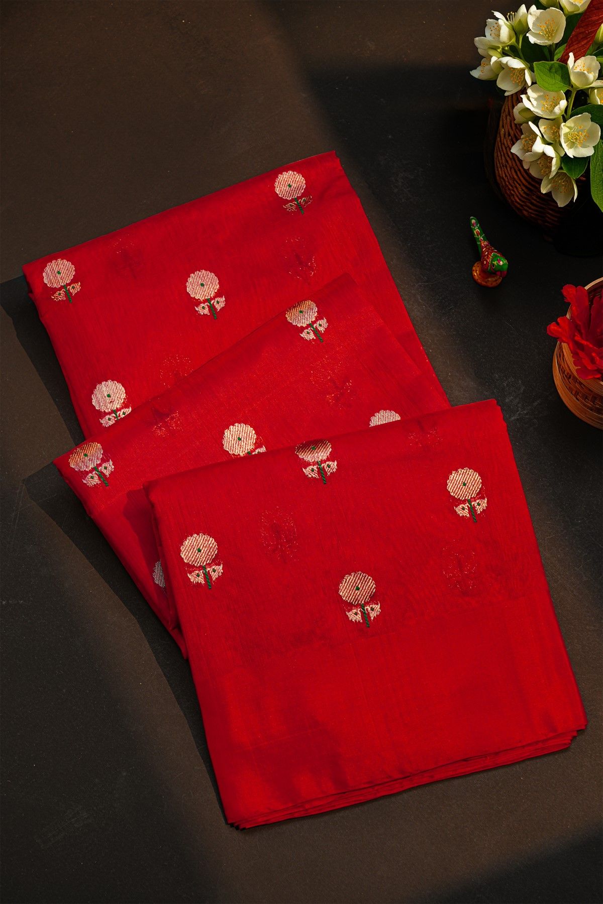 Chanderi Silk Red Saree With Floral And Buttis In Body