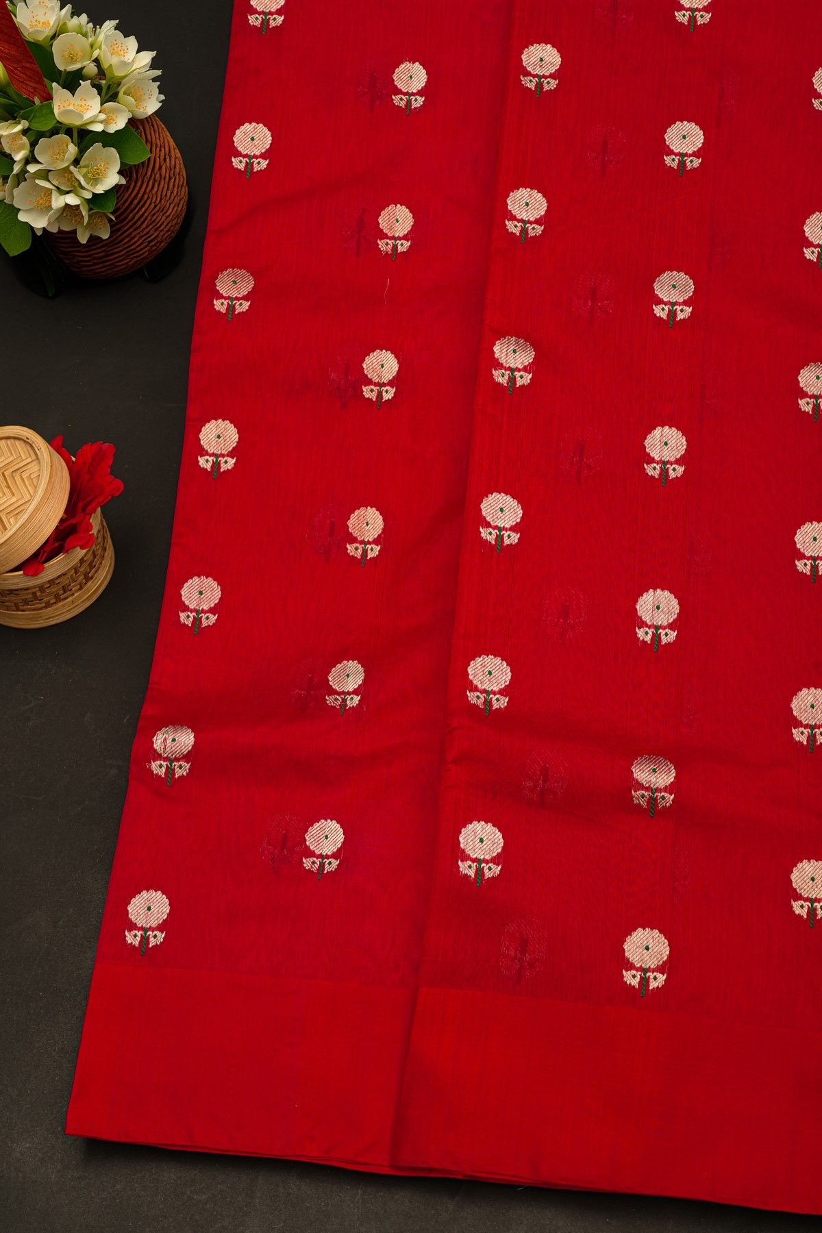 Chanderi Silk Red Saree With Floral And Buttis In Body