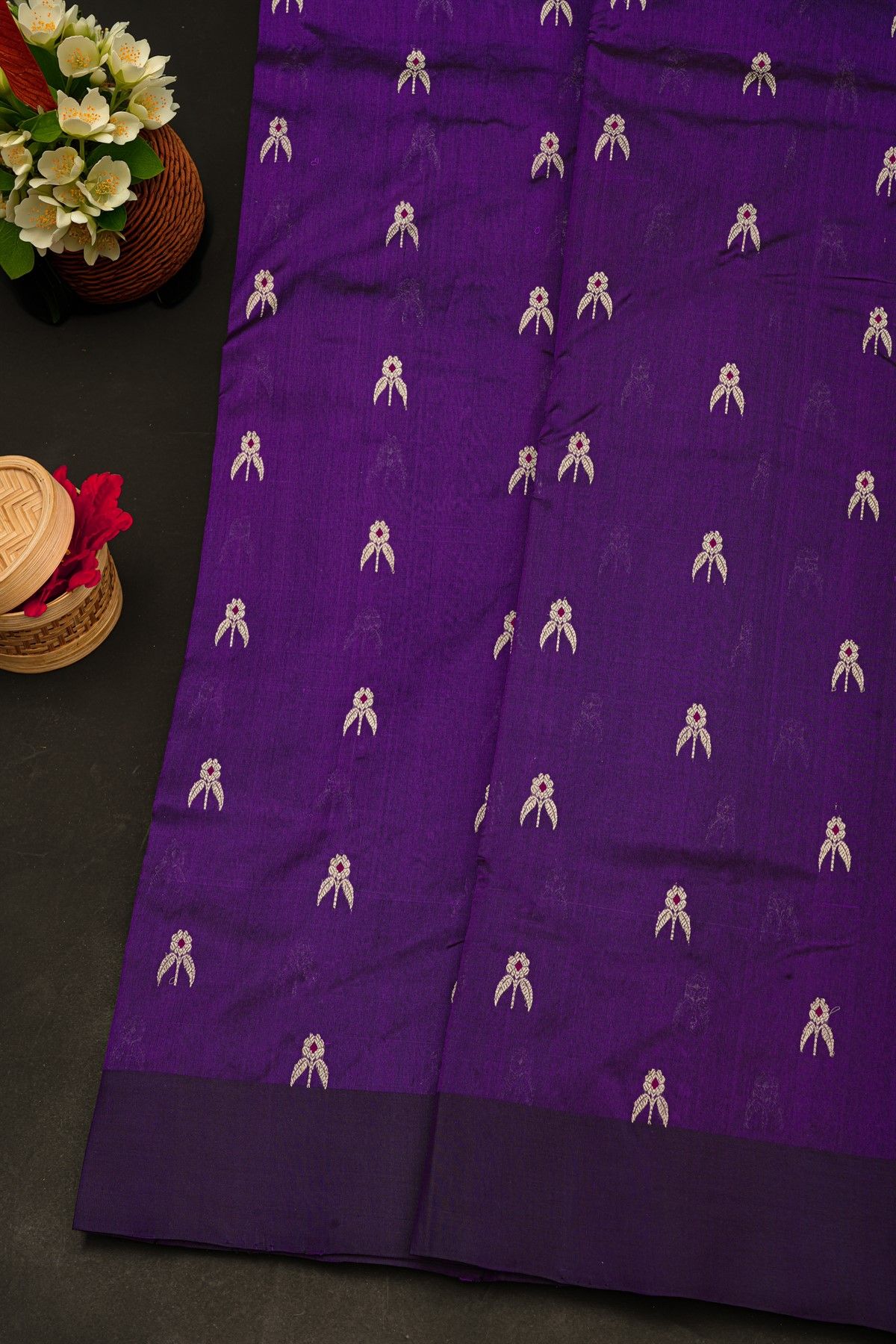 Chanderi Silk Violet Saree With Floral Buttis Body