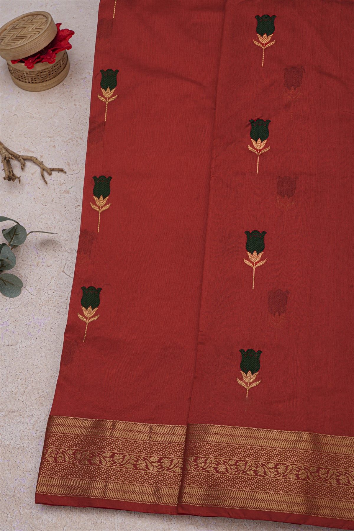 Chanderi Silk Red Saree With Florals And Diamonds Border