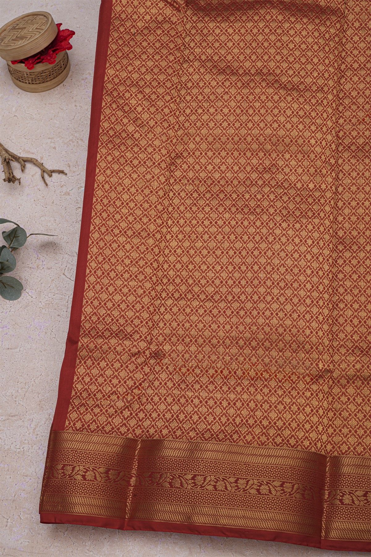 Chanderi Silk Red Saree With Florals And Diamonds Border