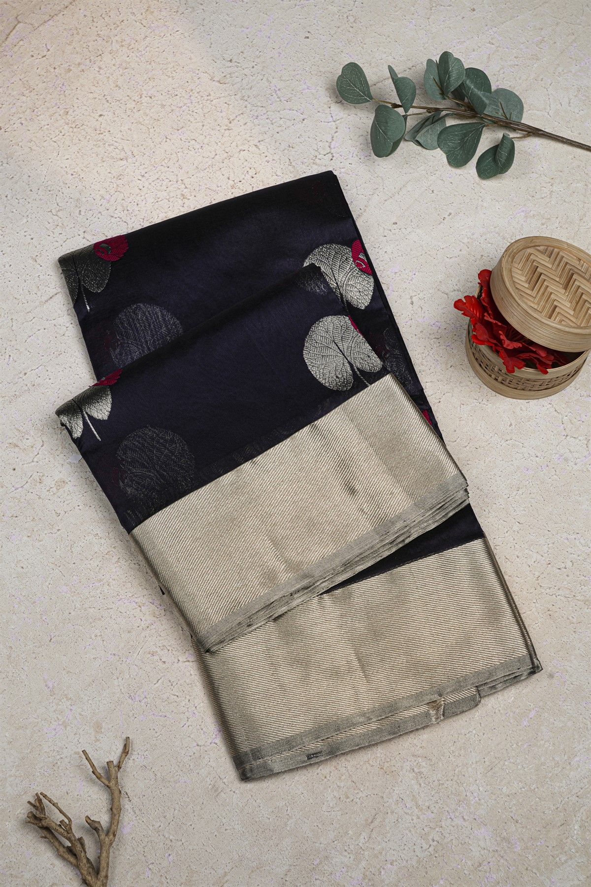 Chanderi Silk Black Saree With Florals And Leaves In Zari Body