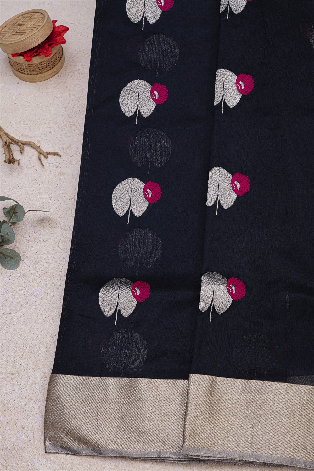 Chanderi Silk Black Saree With Florals And Leaves In Zari Body