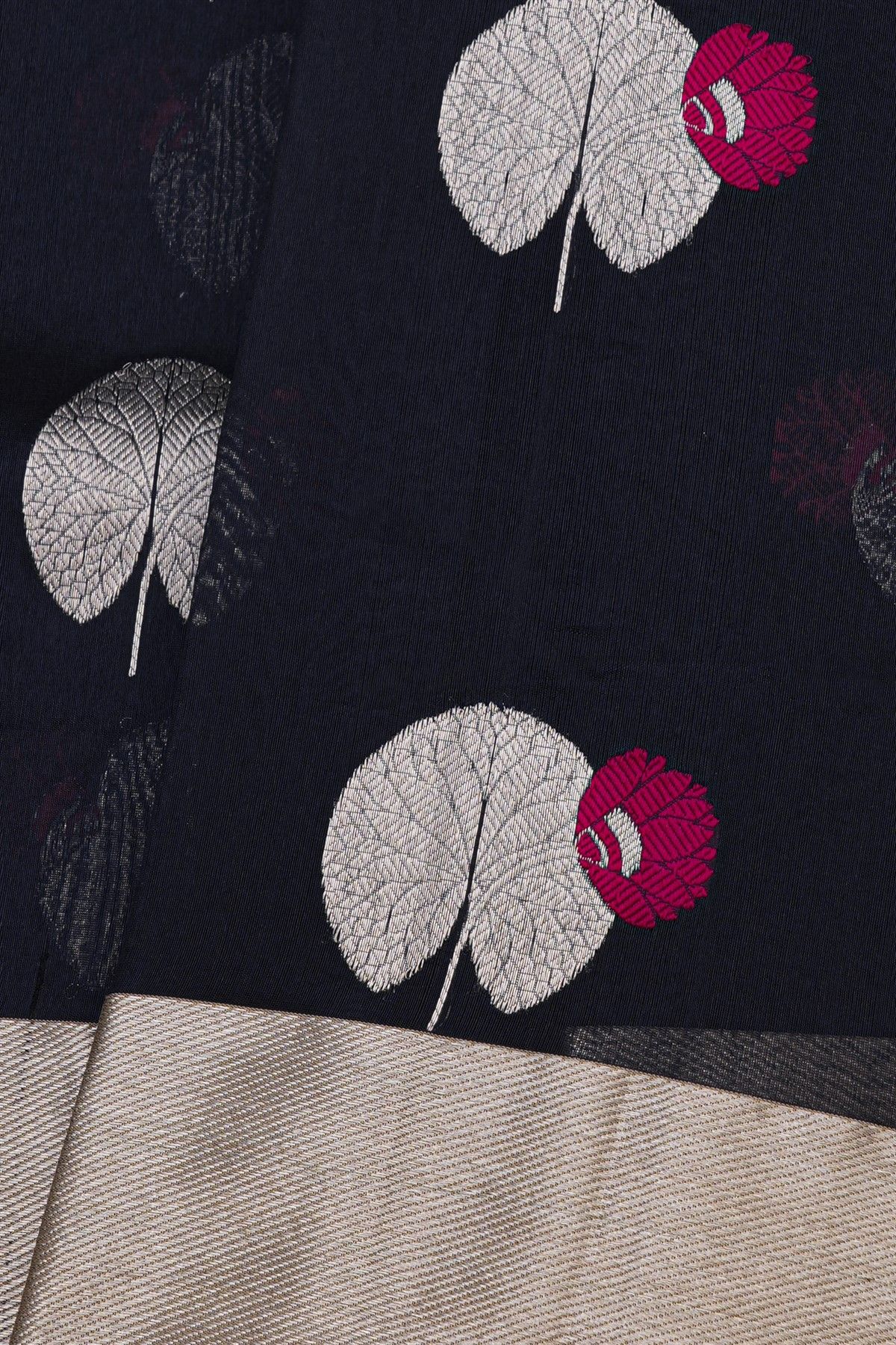 Chanderi Silk Black Saree With Florals And Leaves In Zari Body
