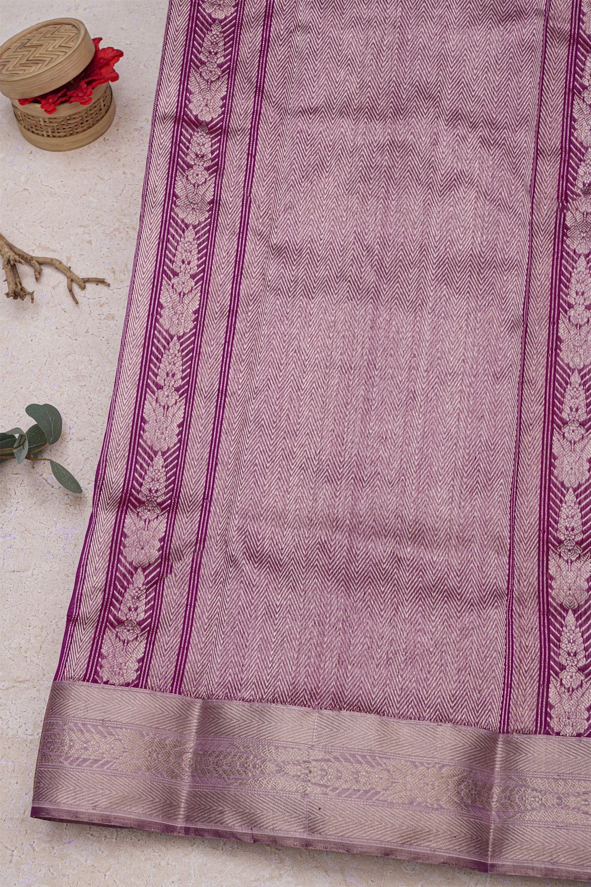 Chanderi Silk Magenta Saree With Florals And Cross Lines Border