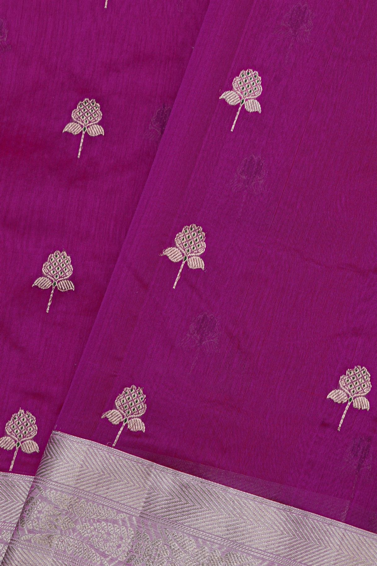 Chanderi Silk Magenta Saree With Florals And Cross Lines Border
