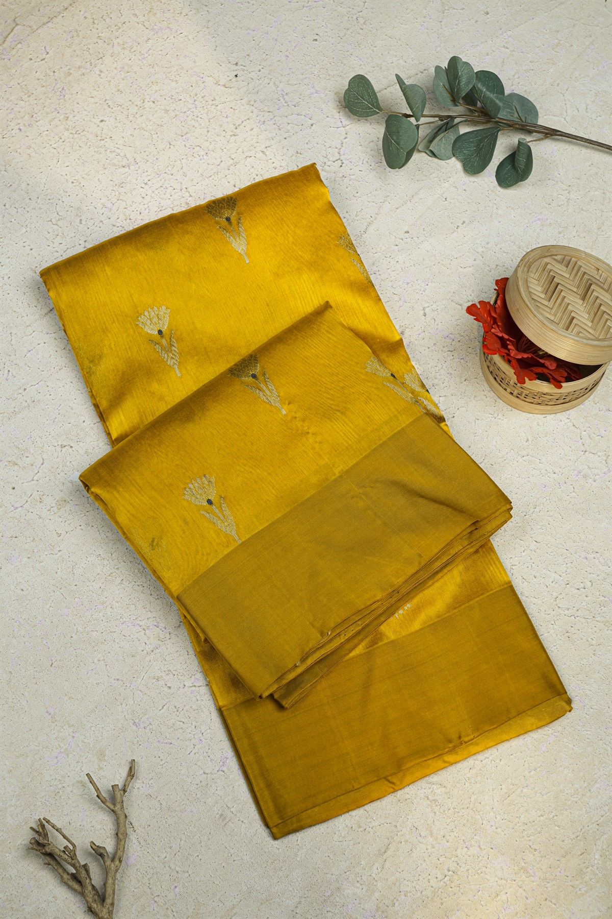 Chanderi Silk Yellow Saree With Floral Buttis In Zari Body