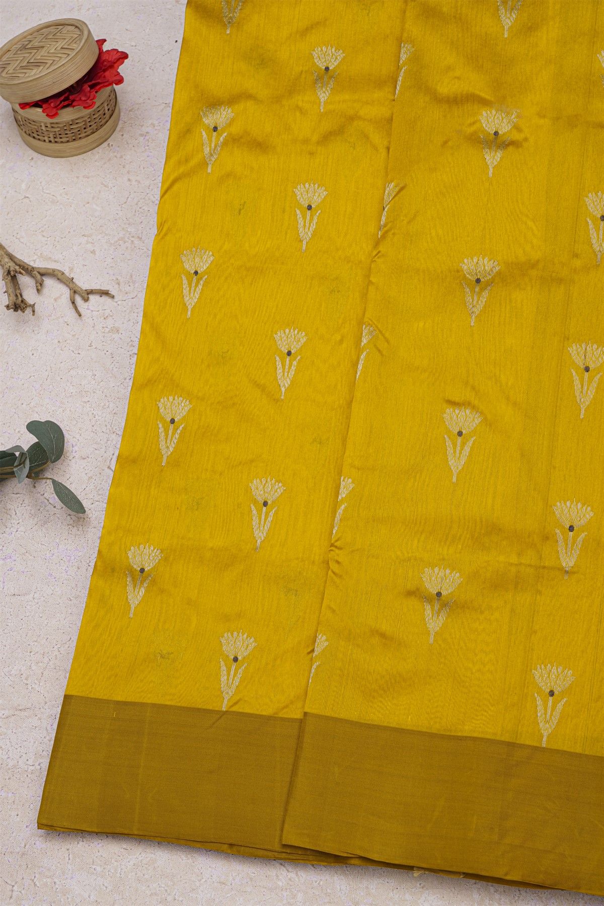 Chanderi Silk Yellow Saree With Floral Buttis In Zari Body