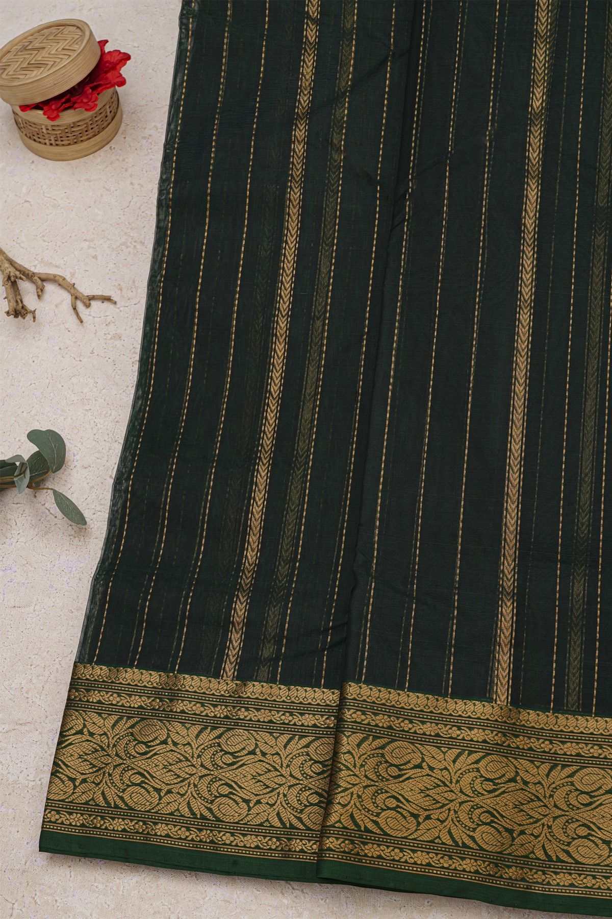Chanderi Silk Bottle Green Saree With Florals And Leaves Jaal Border