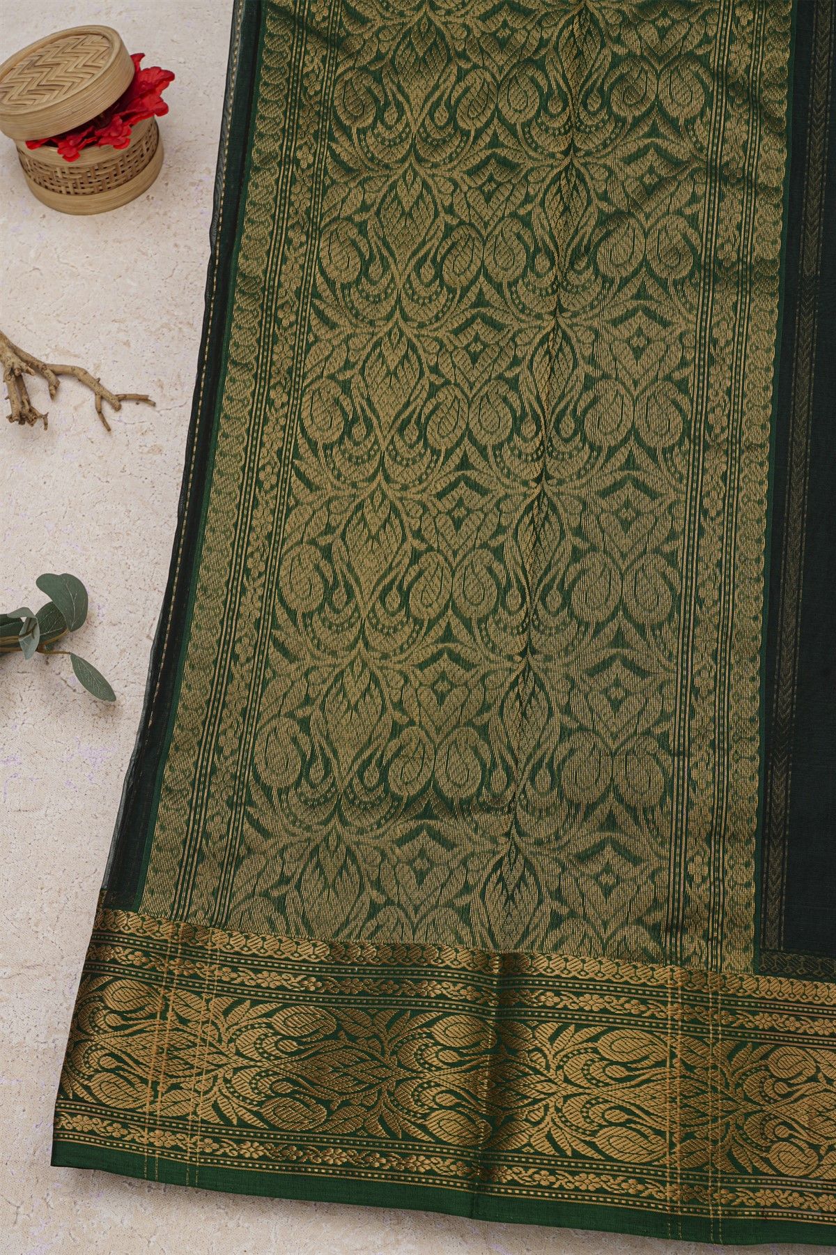 Chanderi Silk Bottle Green Saree With Florals And Leaves Jaal Border